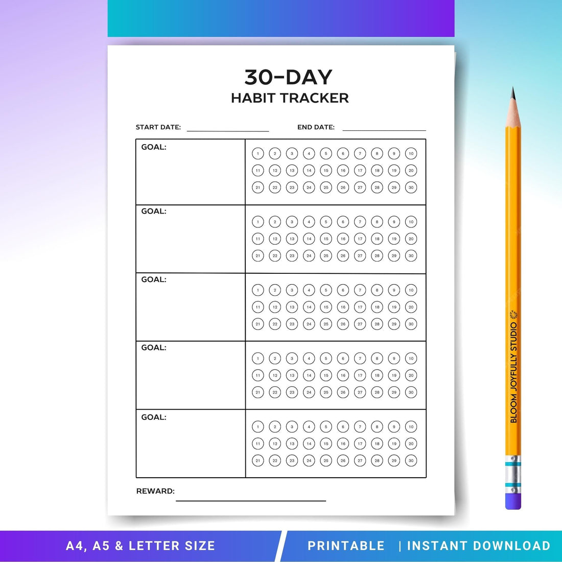Daily habits 30 day challenge tracker printable