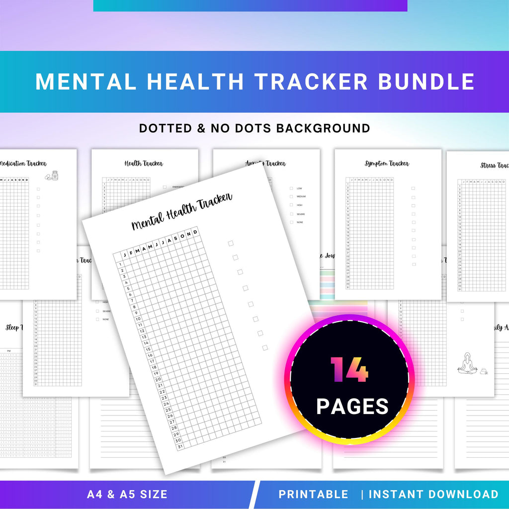 Anxiety Tracker — MENTAL HEALTH TRACKER Bundle, Digital Planner Pages, Printable Planner, A4 & A5 Size | Mindfulness printable