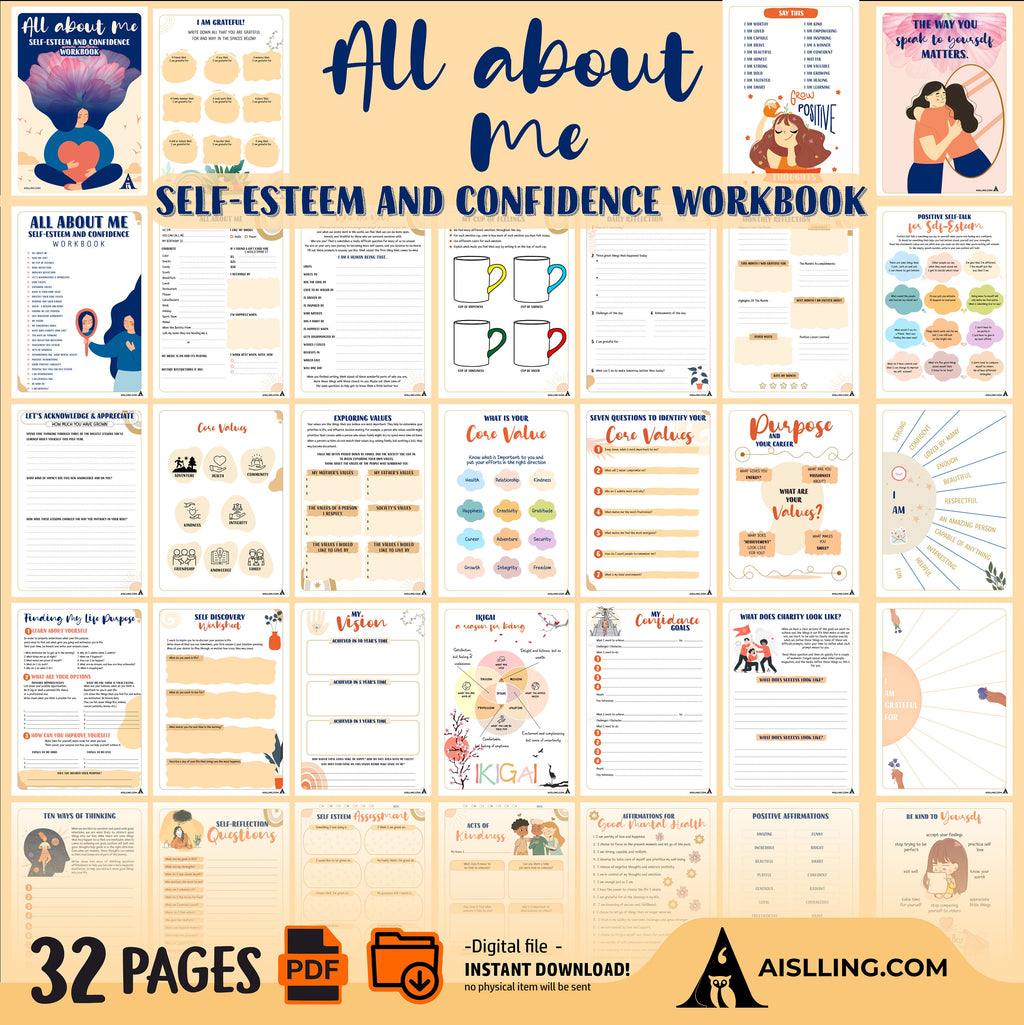 Aislling Design — Self Esteem Worksheets Printables, Confidence Mental Health Therapist Counseling, Social ... | Mindfulness printable
