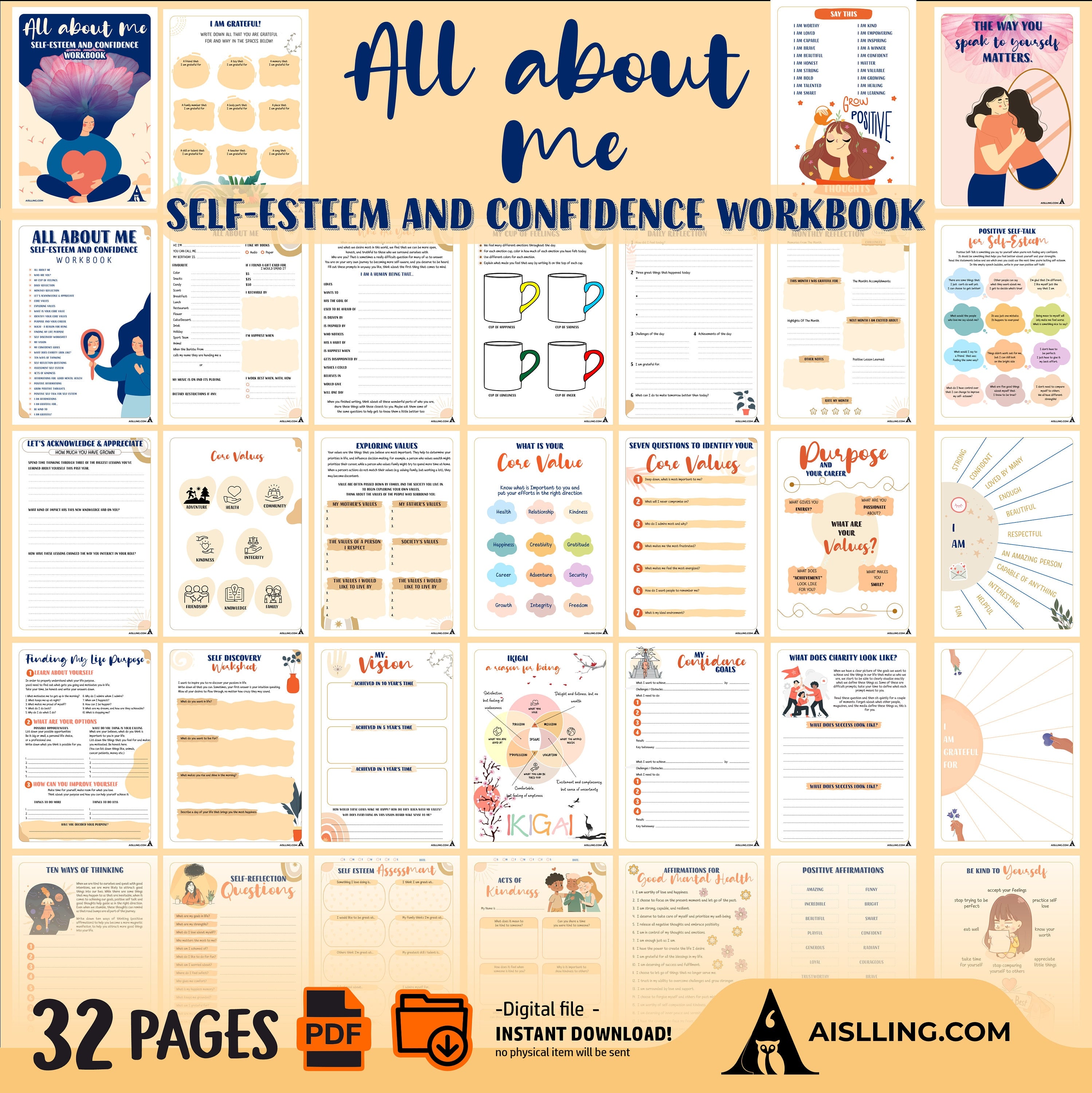 Aislling Design — Self Esteem Worksheets Printables, Confidence Mental Health Therapist Counseling, Social ... | Mindfulness printable