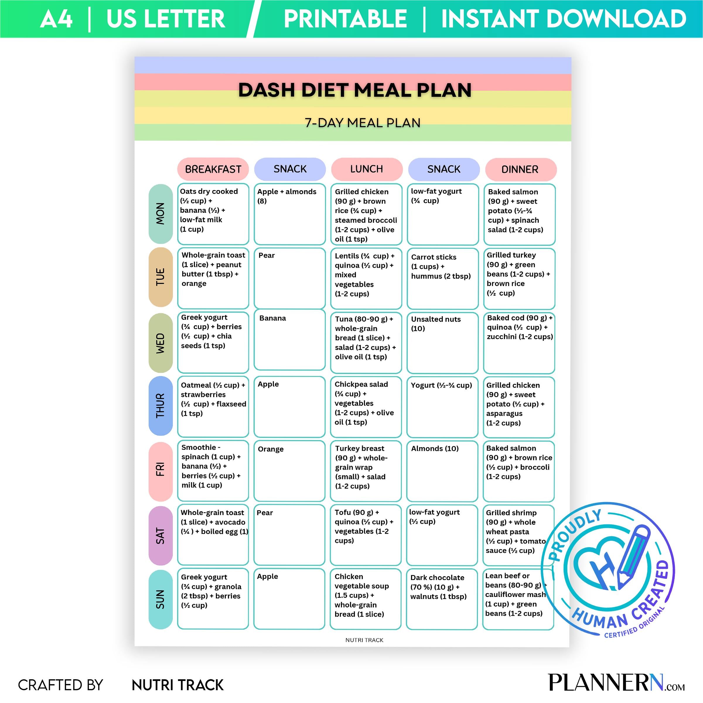 DASH Diet 7 Day Meal Plan Printable, Heart Healthy Meal Plan, Weekly DASH Menu, Healthy DASH Diet Grocery L... | Nutri Track printable