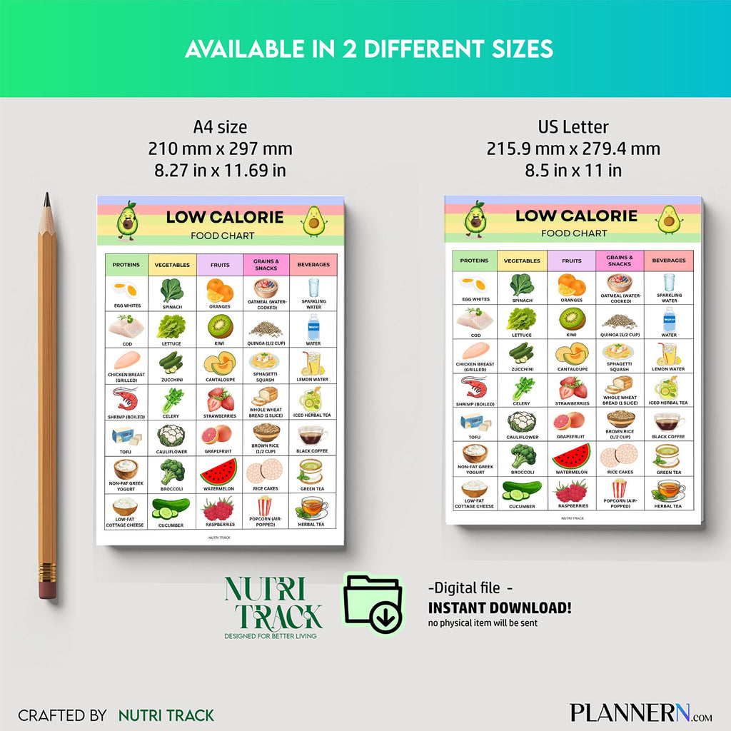 Calorie Chart — Low Calorie Food Chart Printable, Low Calorie Food List, Weight Loss Meal Planning, Healthy... | Nutri Track printable
