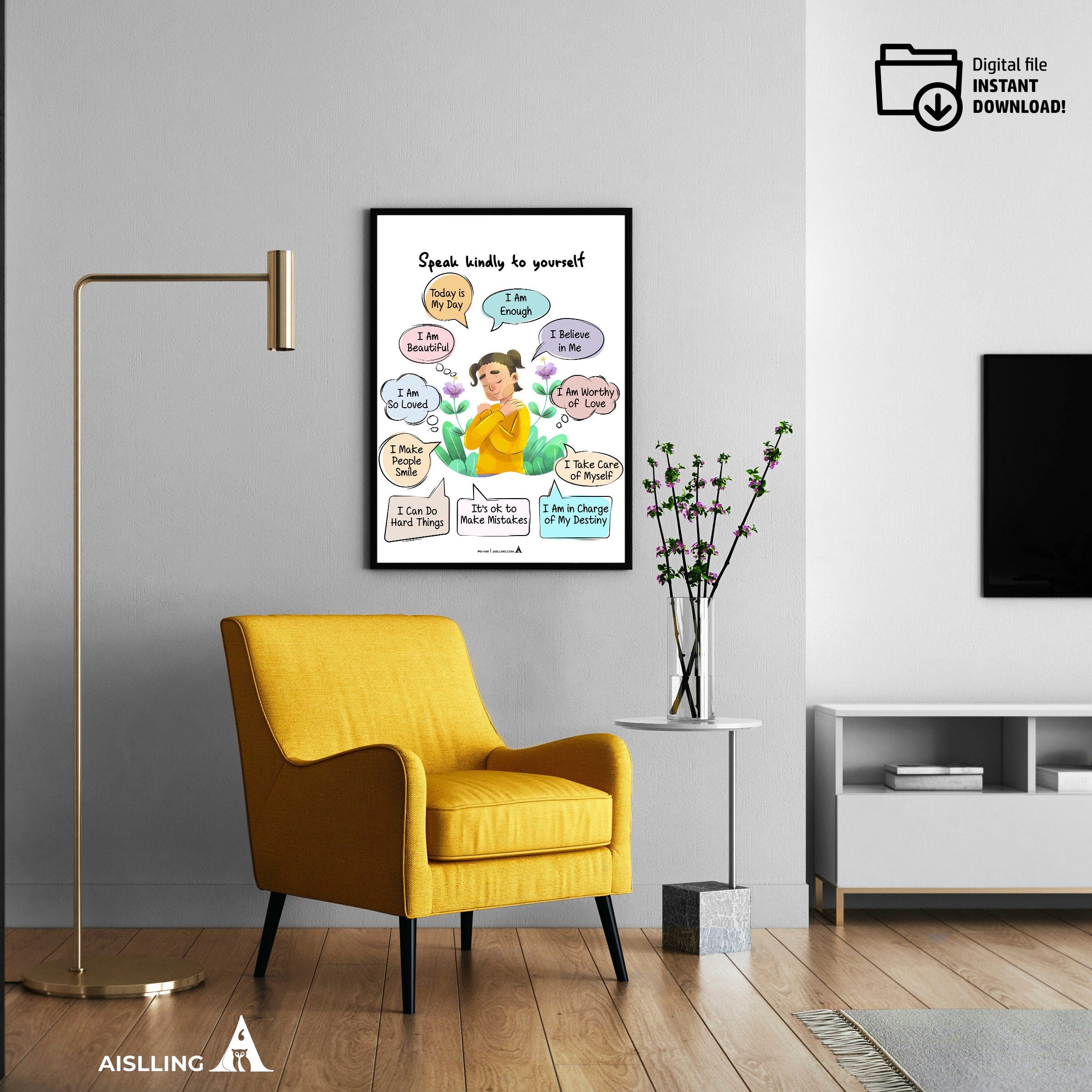 Aesthetic Wall Art — Affirmations Wall Print, Aesthetic Flowers Poster, Positive Selfcare Affirmations, Dig... | Mindfulness printable