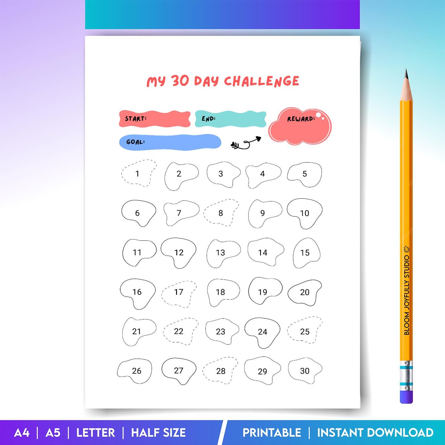 30 Day Challenge PRINTABLE, Daily Goal Tracker, Self Improvement Planner, A4, A5, Letter, Half size, Instan... | Bloom Joyfully printable