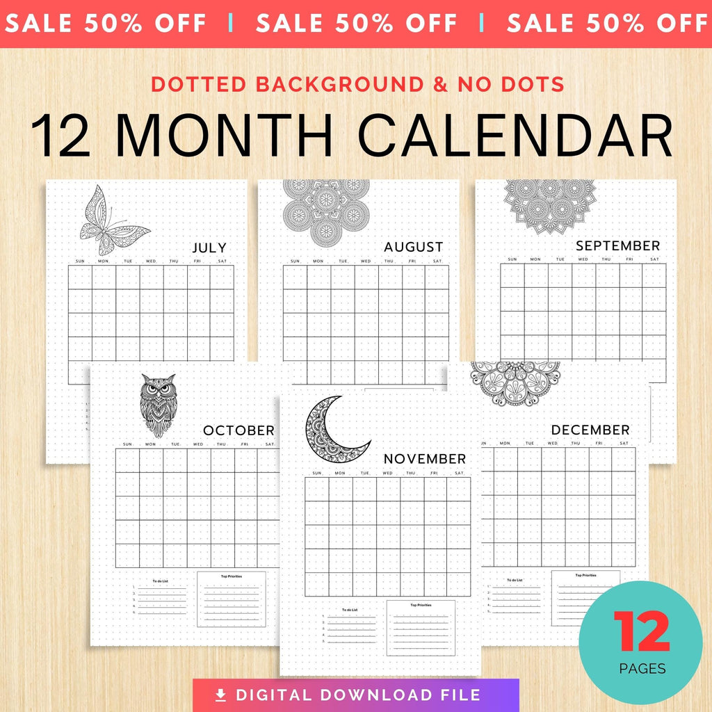 Bujo Template — 12 Month Calendar, Monthly Planner, Journal Calendar, PRINTABLE CALENDAR, Journal, Printabl... | Bloom Joyfully printable