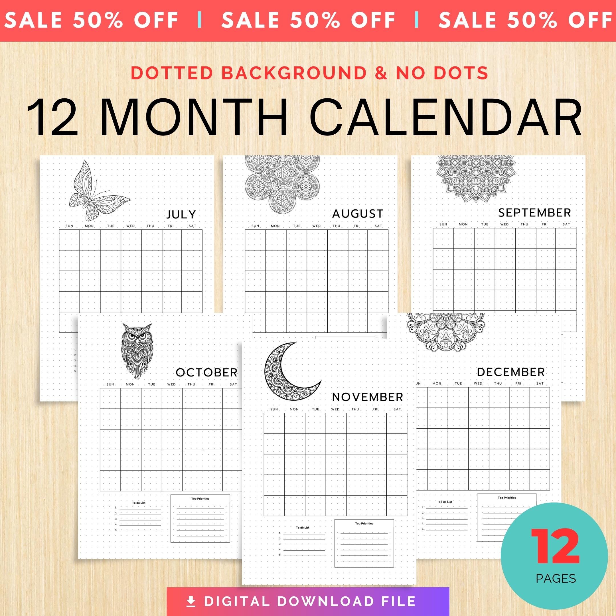 Bujo Template — 12 Month Calendar, Monthly Planner, Journal Calendar, PRINTABLE CALENDAR, Journal, Printabl... | Bloom Joyfully printable