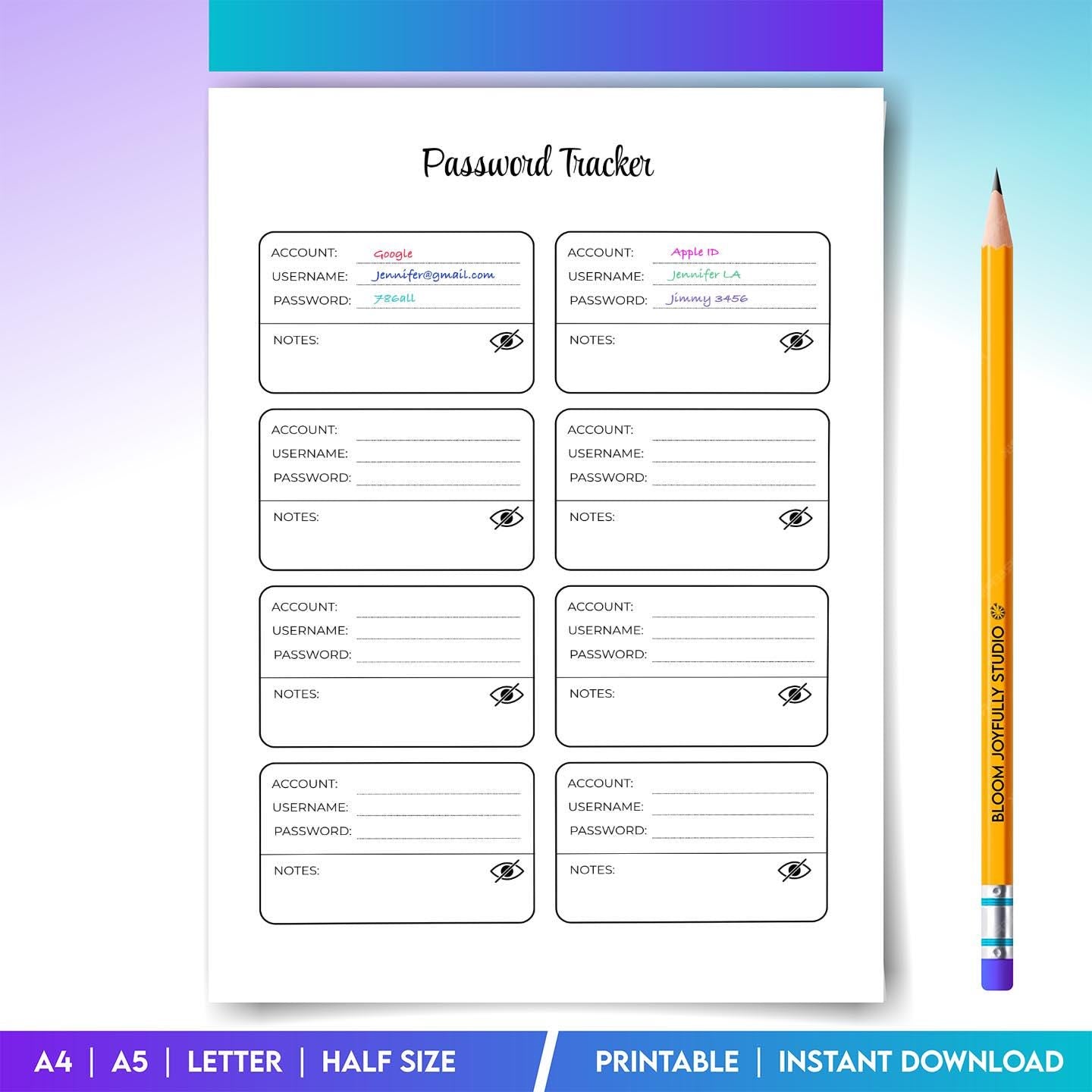Account Tracker — Password Tracker PRINTABLE, Password Keeper Log Book, Password Journal Page, Password Org... | Bloom Joyfully printable