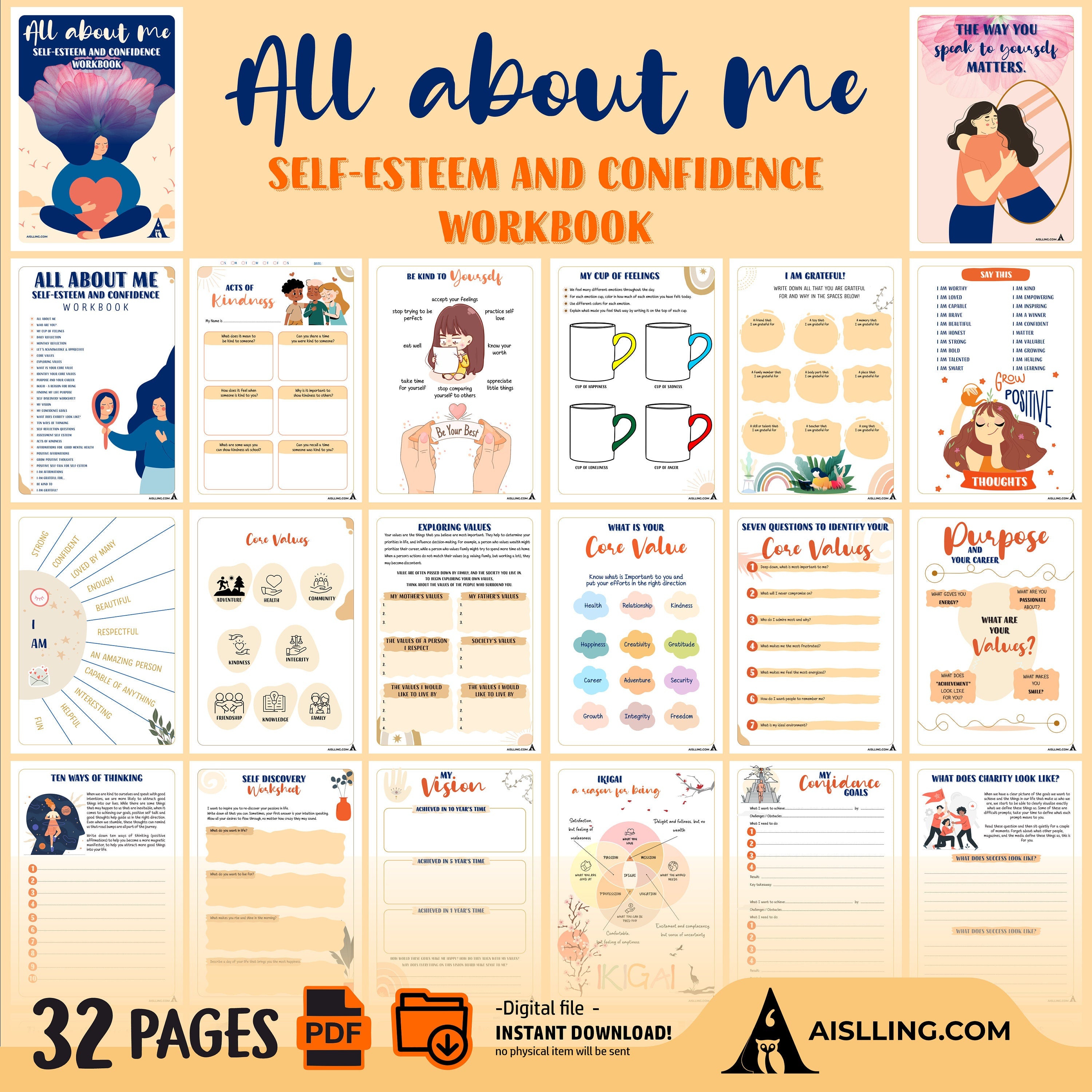 Aislling Design — Self esteem worksheets, therapy worksheets, therapy resources, confidence worksheets, the... | Mindfulness printable