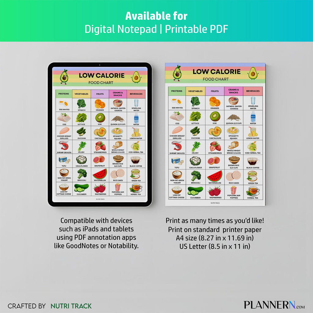 Calorie Chart — Low Calorie Food Chart Printable, Low Calorie Food List, Weight Loss Meal Planning, Healthy... | Nutri Track printable
