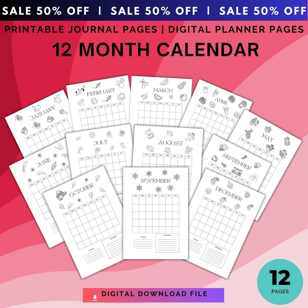 Bujo Template — 12 Month Calendar, Monthly Planner, Journal Calendar, PRINTABLE CALENDAR, Journal, Printabl... | Bloom Joyfully printable