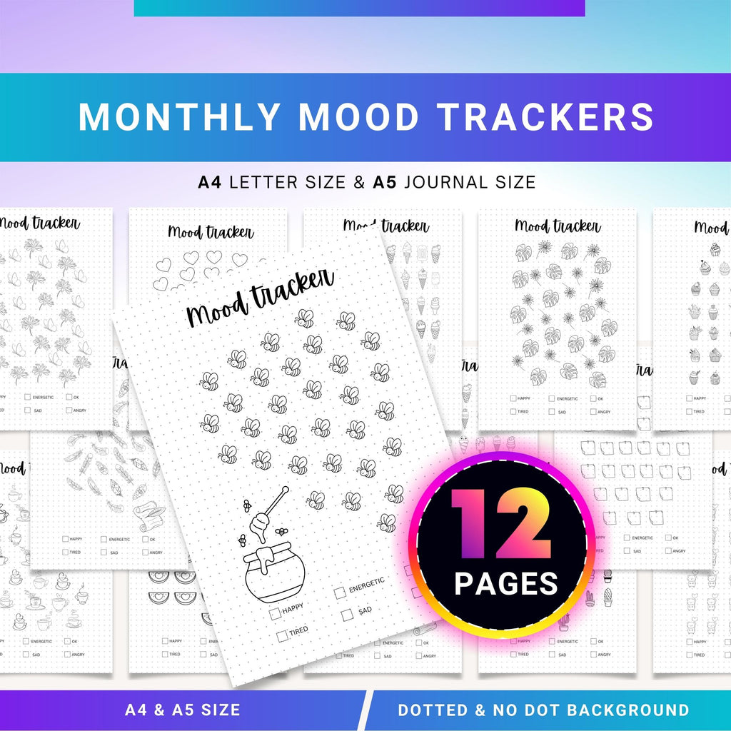 Bullet Journal — MONTHLY Mood Trackers Bundle, Printable Mood Tracker for journal, Monthly, Daily Mood Log,... | Mindfulness printable