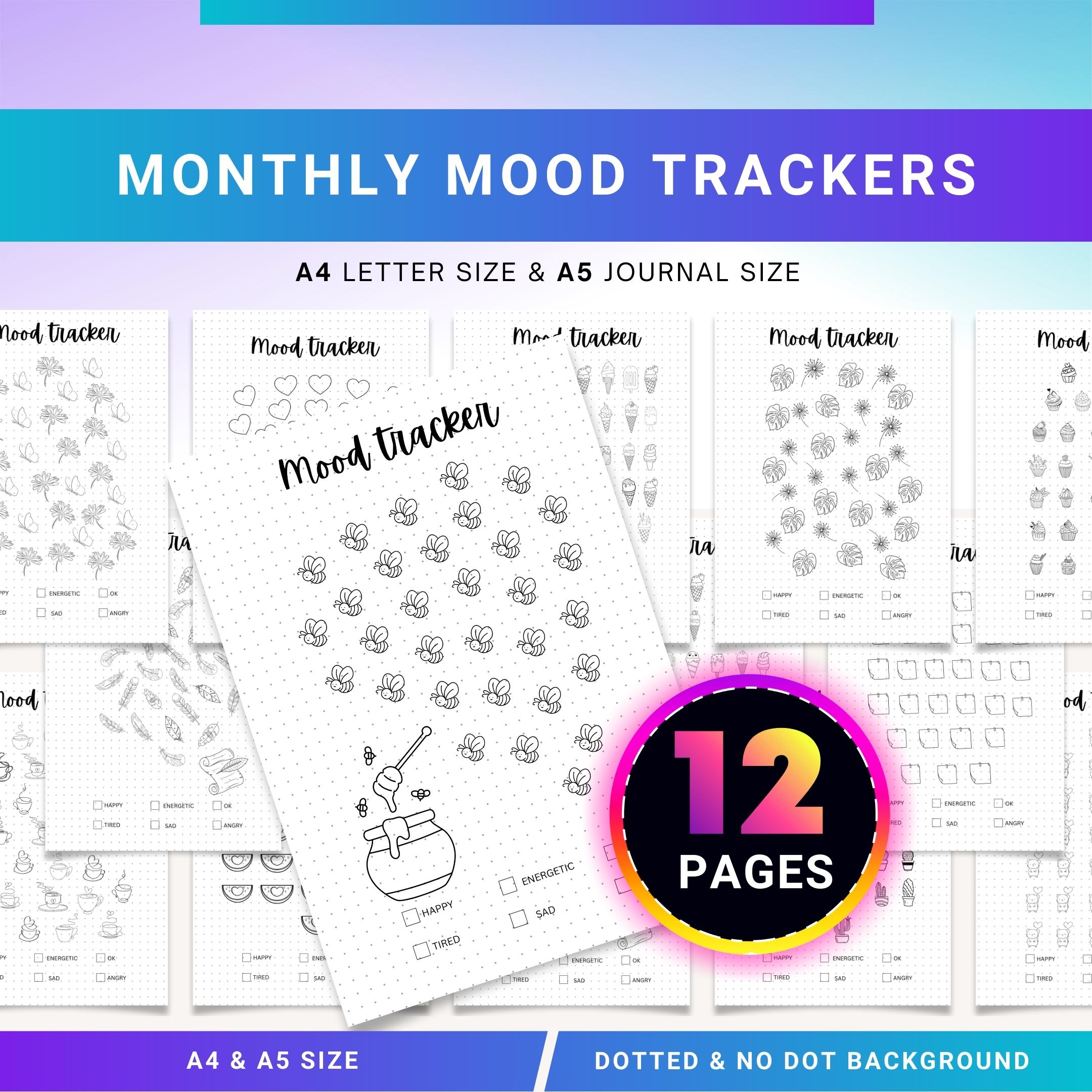 Bullet Journal — MONTHLY Mood Trackers Bundle, Printable Mood Tracker for journal, Monthly, Daily Mood Log,... | Mindfulness printable