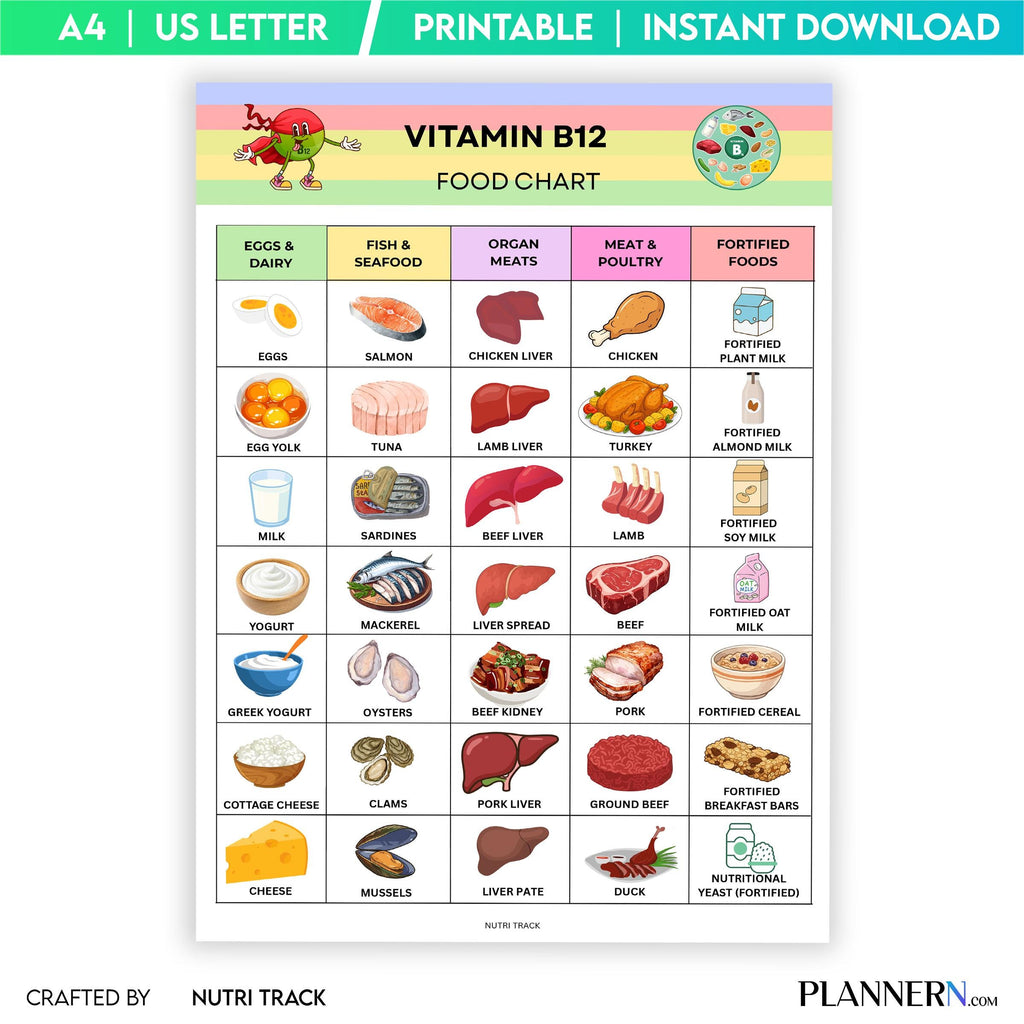Vitamin B12 Food List Printable, B12 Rich Food Chart, Energy Supporting Foods, B12 Deficiency Diet Guide, H... | Nutri Track printable