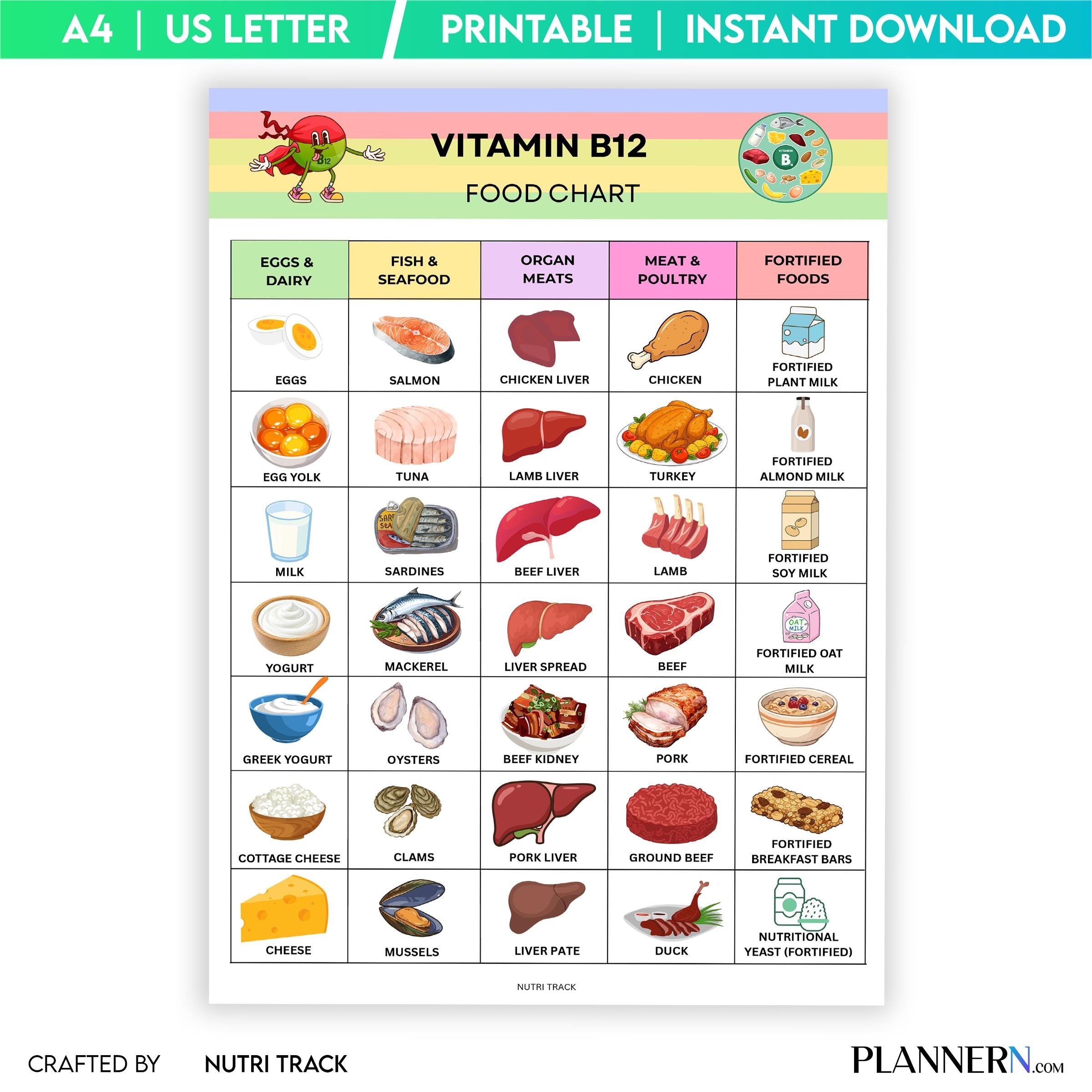 Vitamin B12 Food List Printable, B12 Rich Food Chart, Energy Supporting Foods, B12 Deficiency Diet Guide, H... | Nutri Track printable