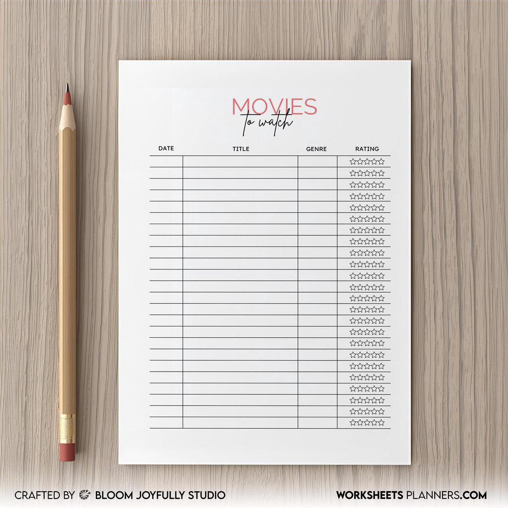 A5 Printable — Movie Review PRINTABLE, Movie Review Log, Movie Night, Movie Review Page, Watch & Rate Films... | Bloom Joyfully printable