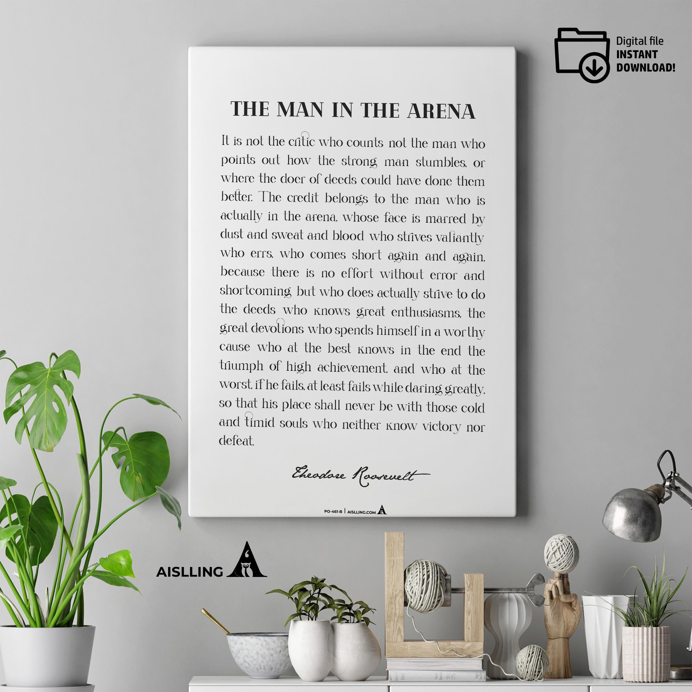 Black And White — The Man In The Arena Quote, Printable Wall Art, Theodore Roosevelt Daring Greatly Inspira... | Aislling printable
