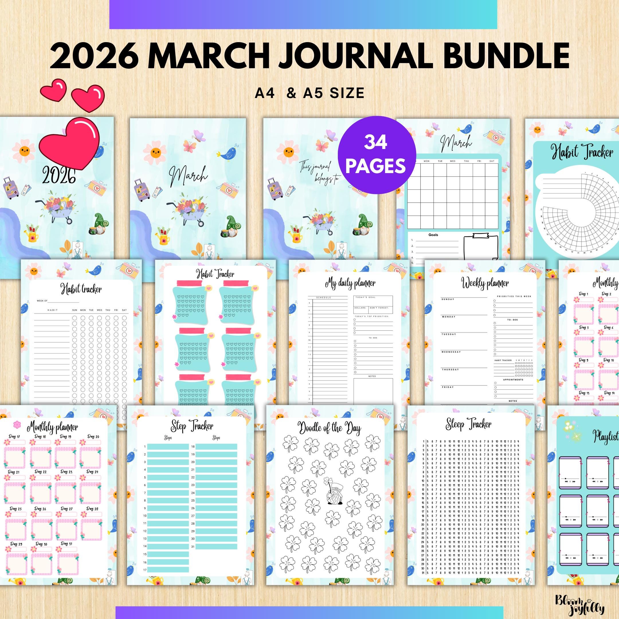 Digital Planner — MARCH Planner Bundle, Habit Tracker, Spring Planner, Mental Health, Gratitude, Mood Track... | Mindfulness printable