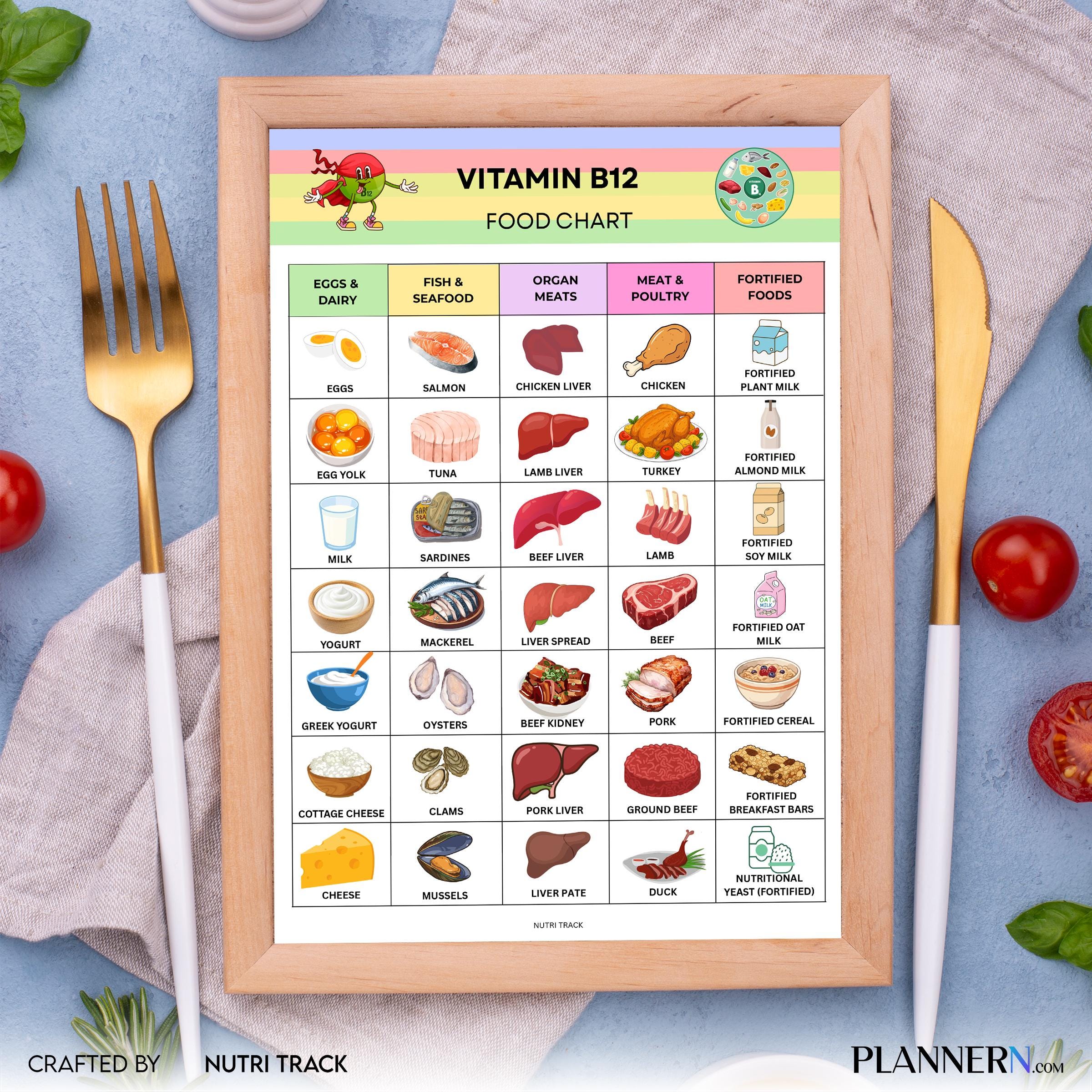 Vitamin B12 Food List Printable, B12 Rich Food Chart, Energy Supporting Foods, B12 Deficiency Diet Guide, H... | Nutri Track printable