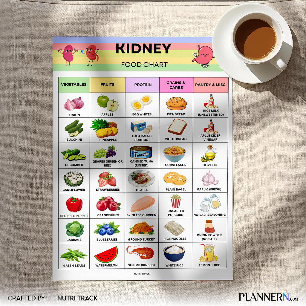 Kidney Food Chart Printable, Kidney Friendly Foods List, Renal Diet Food Guide, Low Sodium, Low Potassium F... | Nutri Track printable