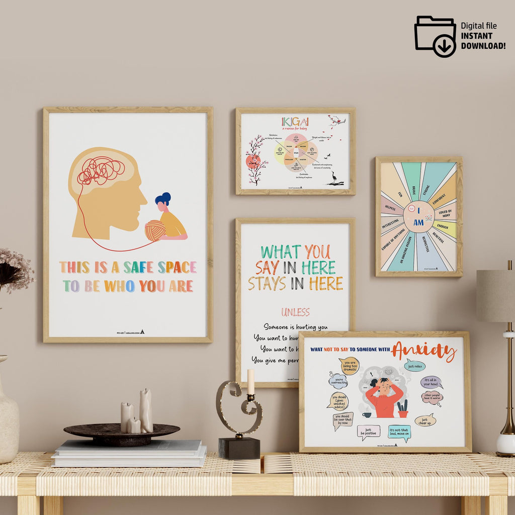 Aislling Design — Anxiety Poster set of 6, counselor sign bundle counseling poster bundle gift for therapis... | Mindfulness printable