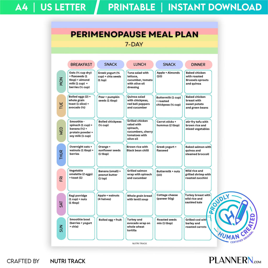 Perimenopause 7 Day Meal Plan Printable, Hormone Balance Diet Plan, 40+ Women Health Care, Menopause Food, ... | Nutri Track printable