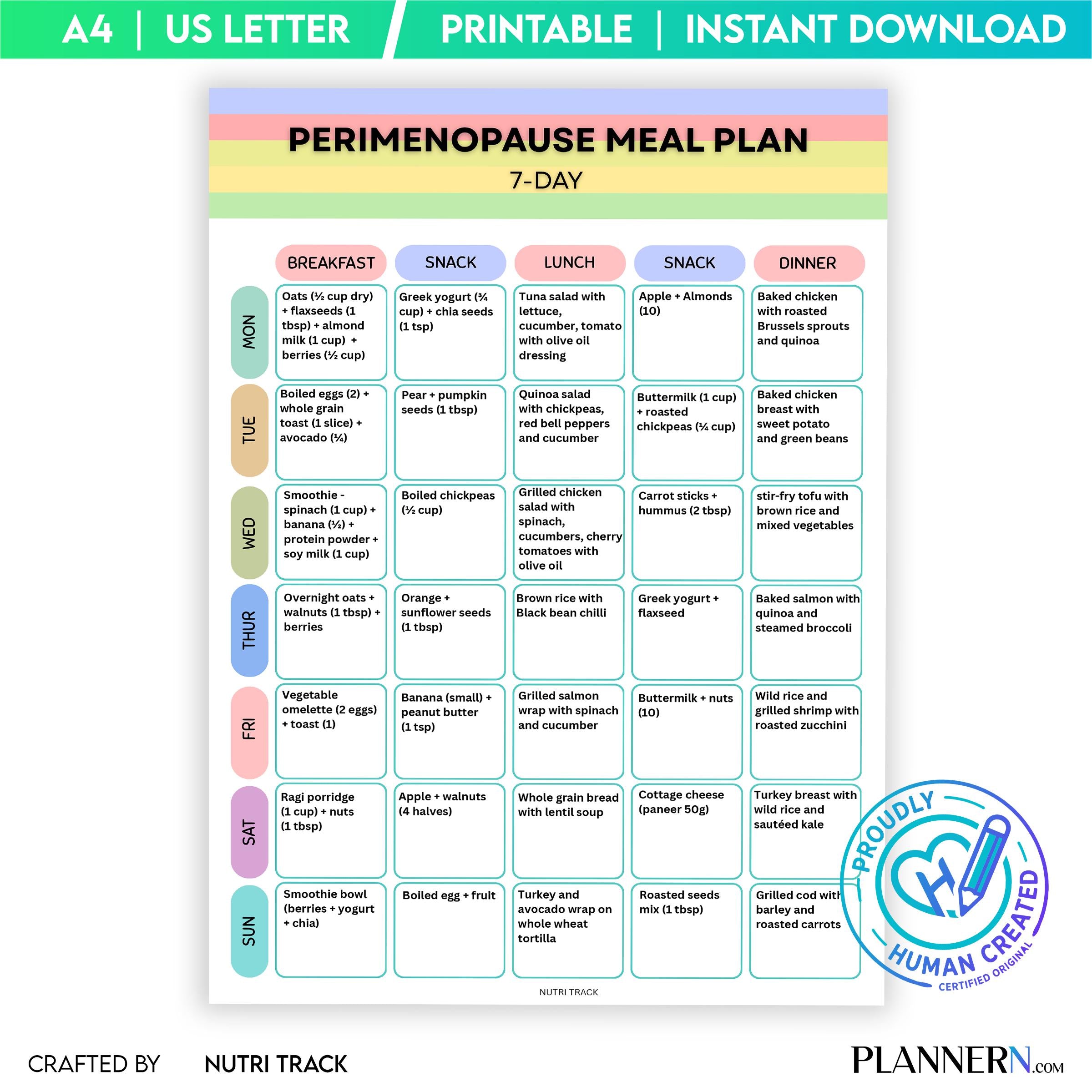 Perimenopause 7 Day Meal Plan Printable, Hormone Balance Diet Plan, 40+ Women Health Care, Menopause Food, ... | Nutri Track printable