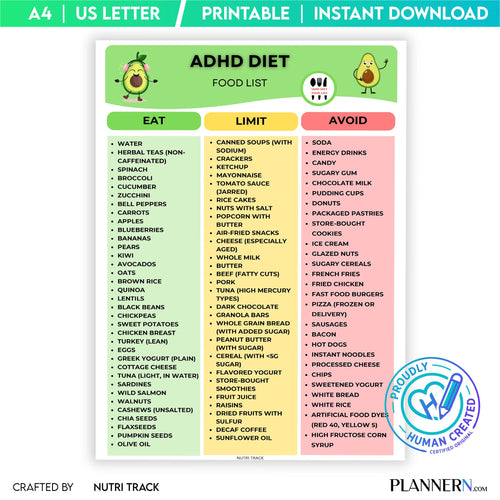 Adhd Diet — ADHD Food List Printable, Brain Healthy Foods Chart, Focus Friendly Nutrition Guide, ADHD Diet ... | Nutri Track printable