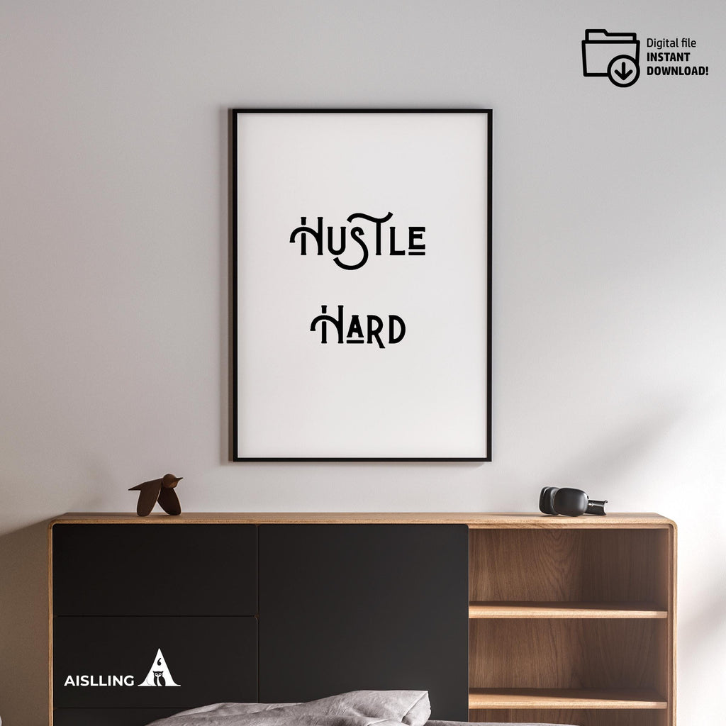 Boho Typography Wall — Hustle Hard Pastel Quote Print: Motivational Office Decor (Digital Download | Mindfulness printable