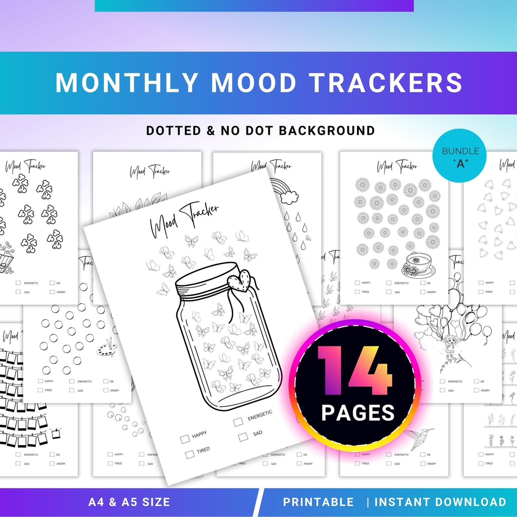 Bullet Journal — MONTHLY Mood Trackers Bundle, Printable Mood Tracker for journal, Monthly, Daily Mood Log,... | Mindfulness printable