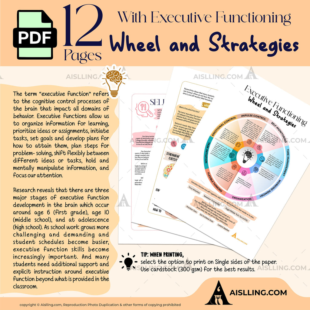 Adhd Worksheets — Executive Functioning Wheel and Strategies, ADHD, Group Therapy Handouts, Working Memory,... | Mindfulness printable