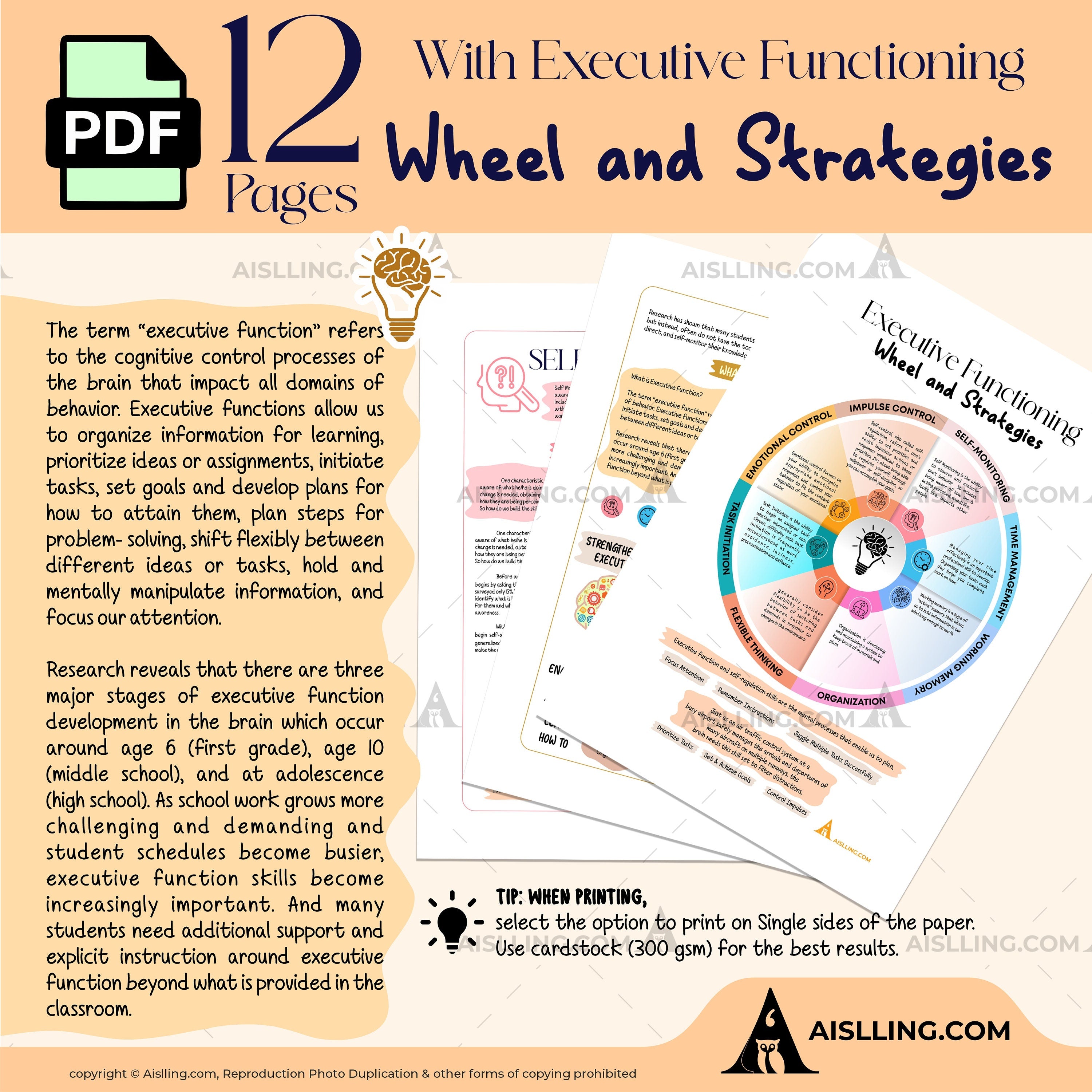 Adhd Worksheets — Executive Functioning Wheel and Strategies, ADHD, Group Therapy Handouts, Working Memory,... | Mindfulness printable