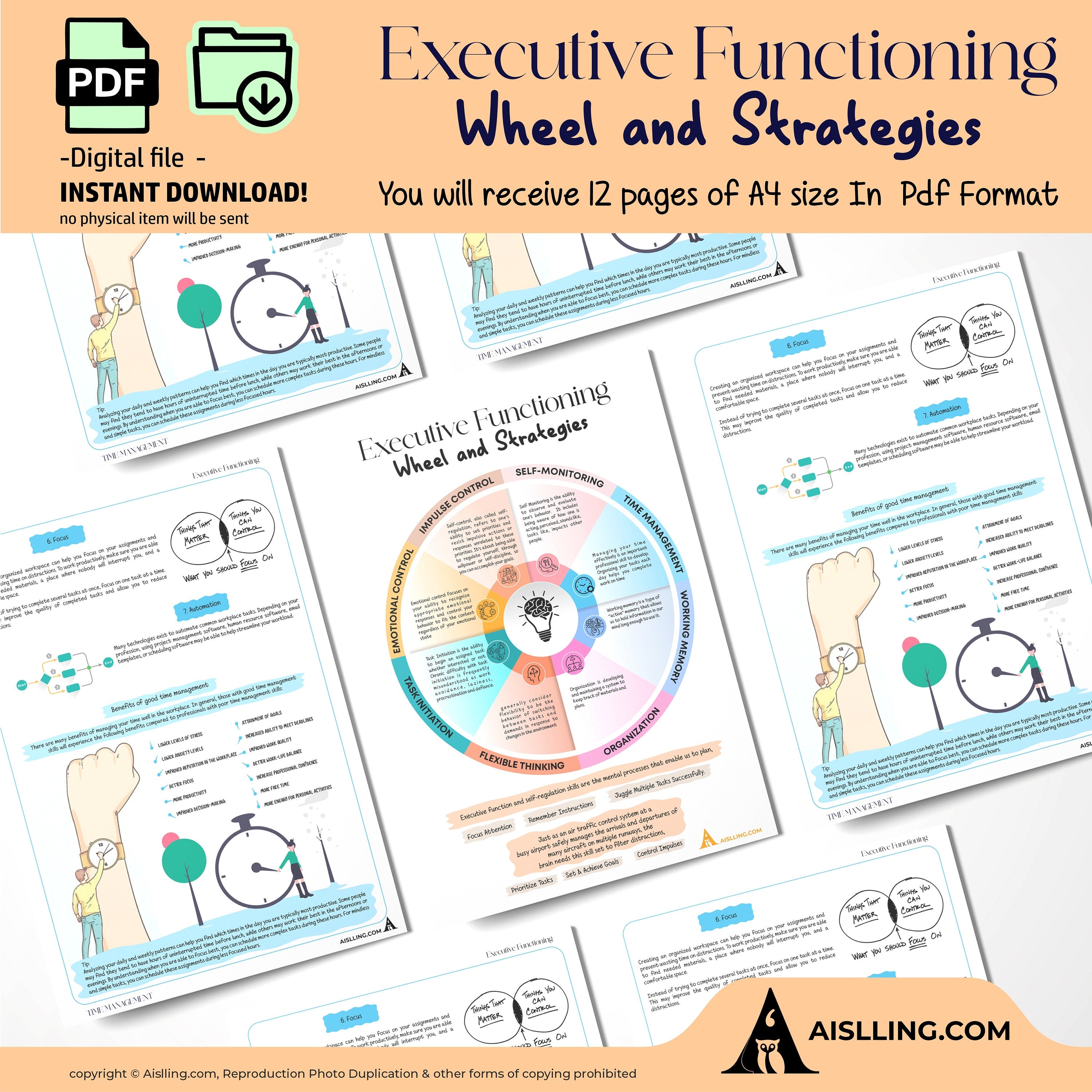 Adhd Worksheets — Executive Functioning Wheel and Strategies, ADHD, Group Therapy Handouts, Working Memory,... | Mindfulness printable