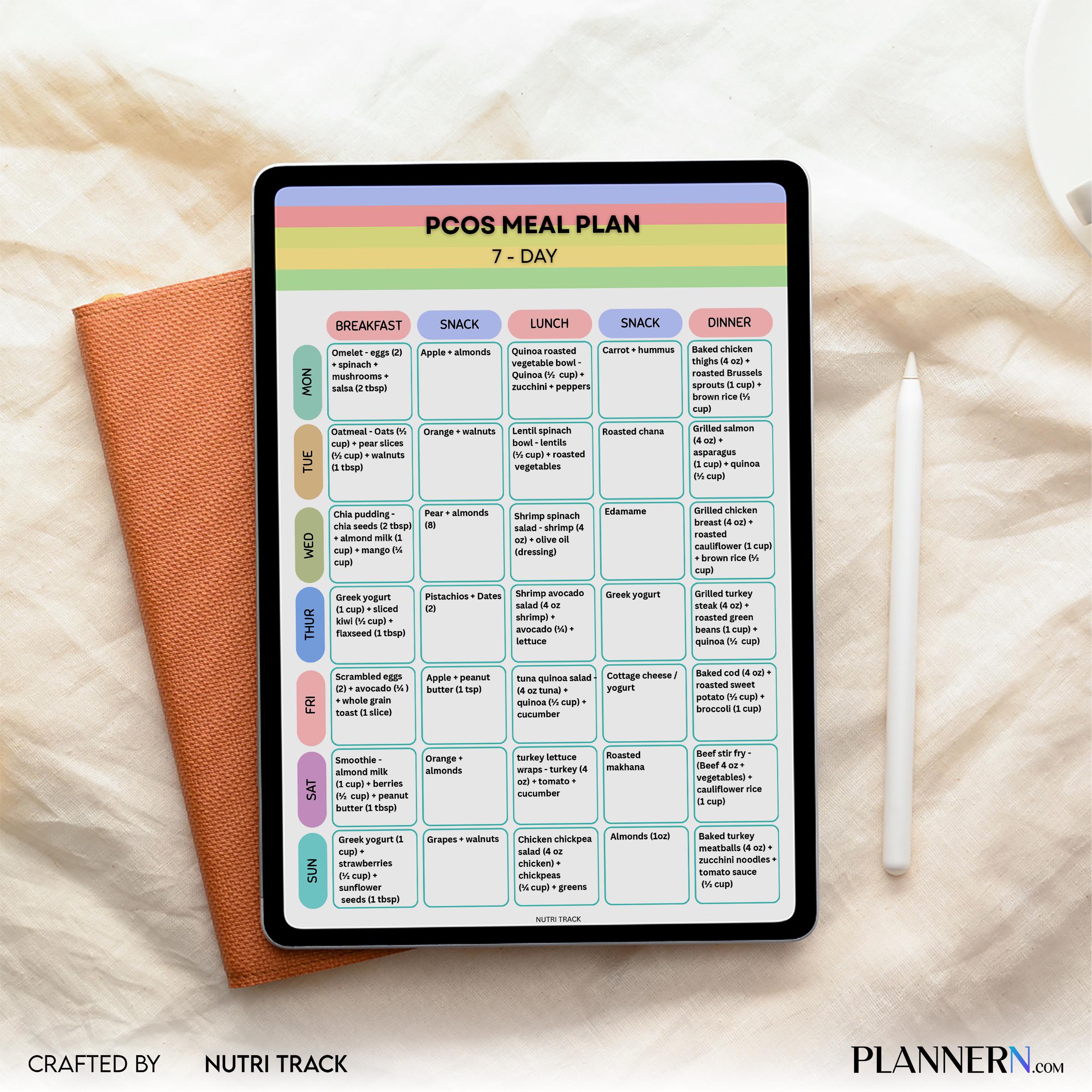 PCOS 7 Day Meal Plan Printable, PCOS Diet Plan, Hormone Balance Meal Planner, Women PCOS Healthy Eating Die... | Nutri Track printable