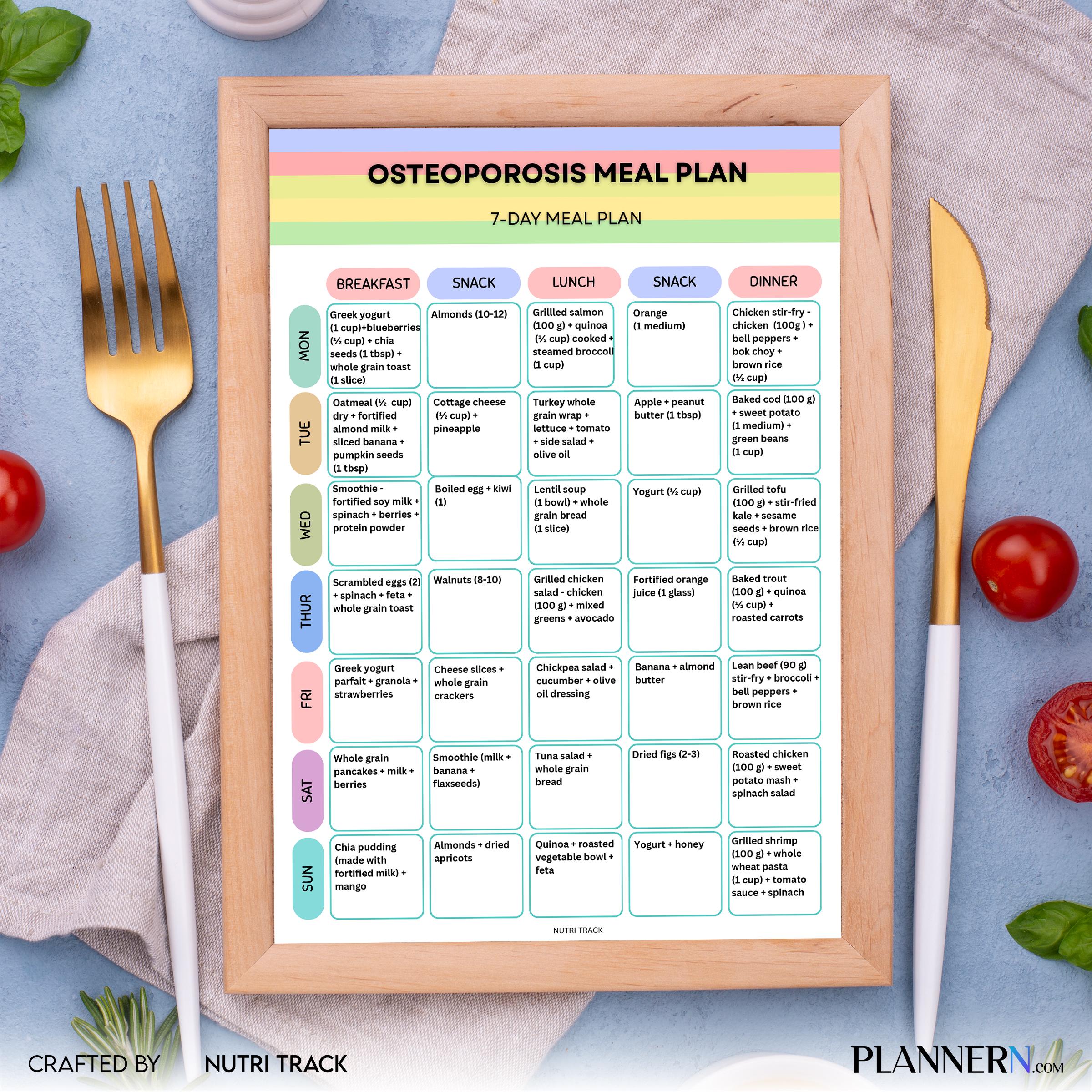 Osteoporosis 7 Day Meal Plan, Bone Health Diet Plan, Calcium Rich Weekly Menu, Osteoporosis Weekly Menu & G... | Nutri Track printable
