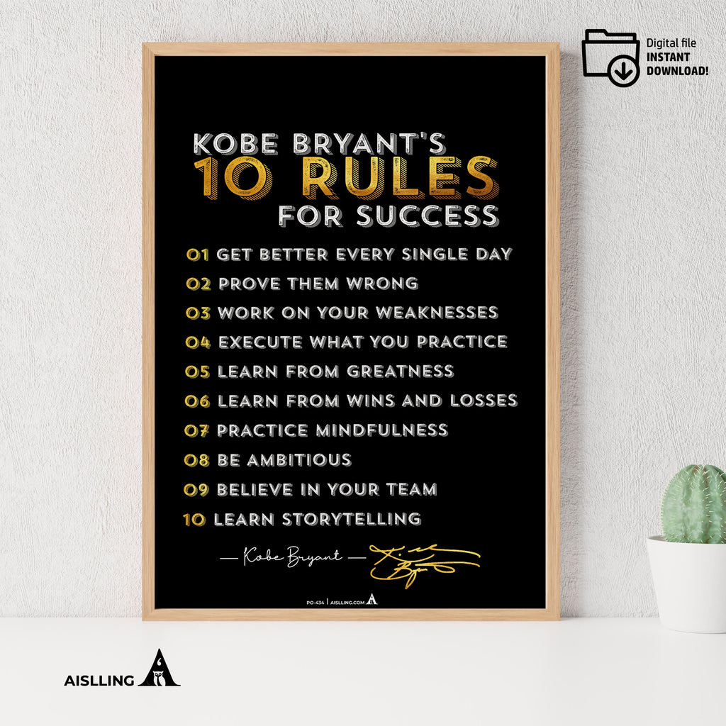 Aislling — Minimalist Mamba Mentality Quote, Kobe Bryant’s 10 Rules for Success Poster, NBA Black Mamba Bas... | Aislling printable