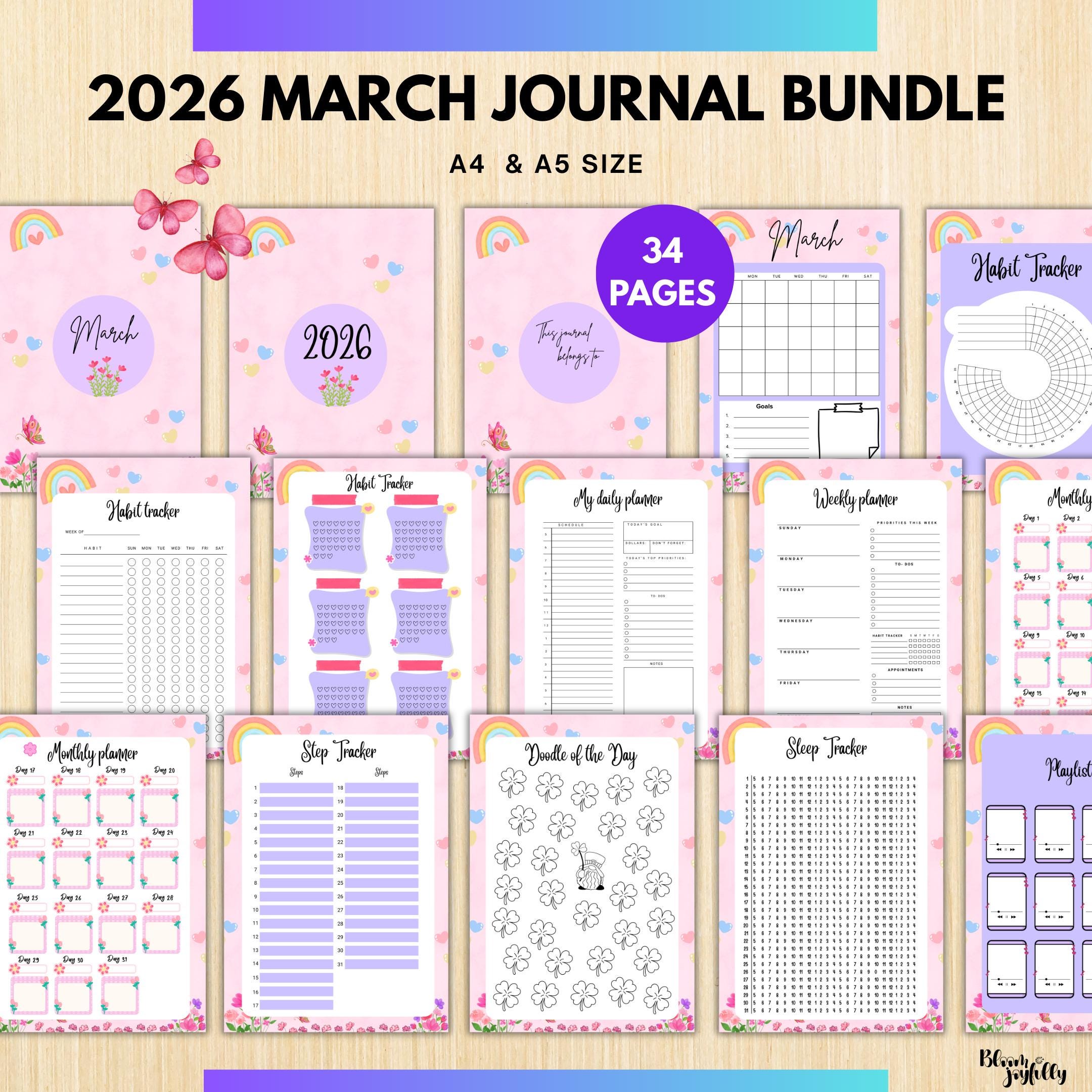 Digital Planner — MARCH Planner Bundle, Habit Tracker, Daily Reflection, Mental Health, Gratitude, Mood Tra... | Mindfulness printable