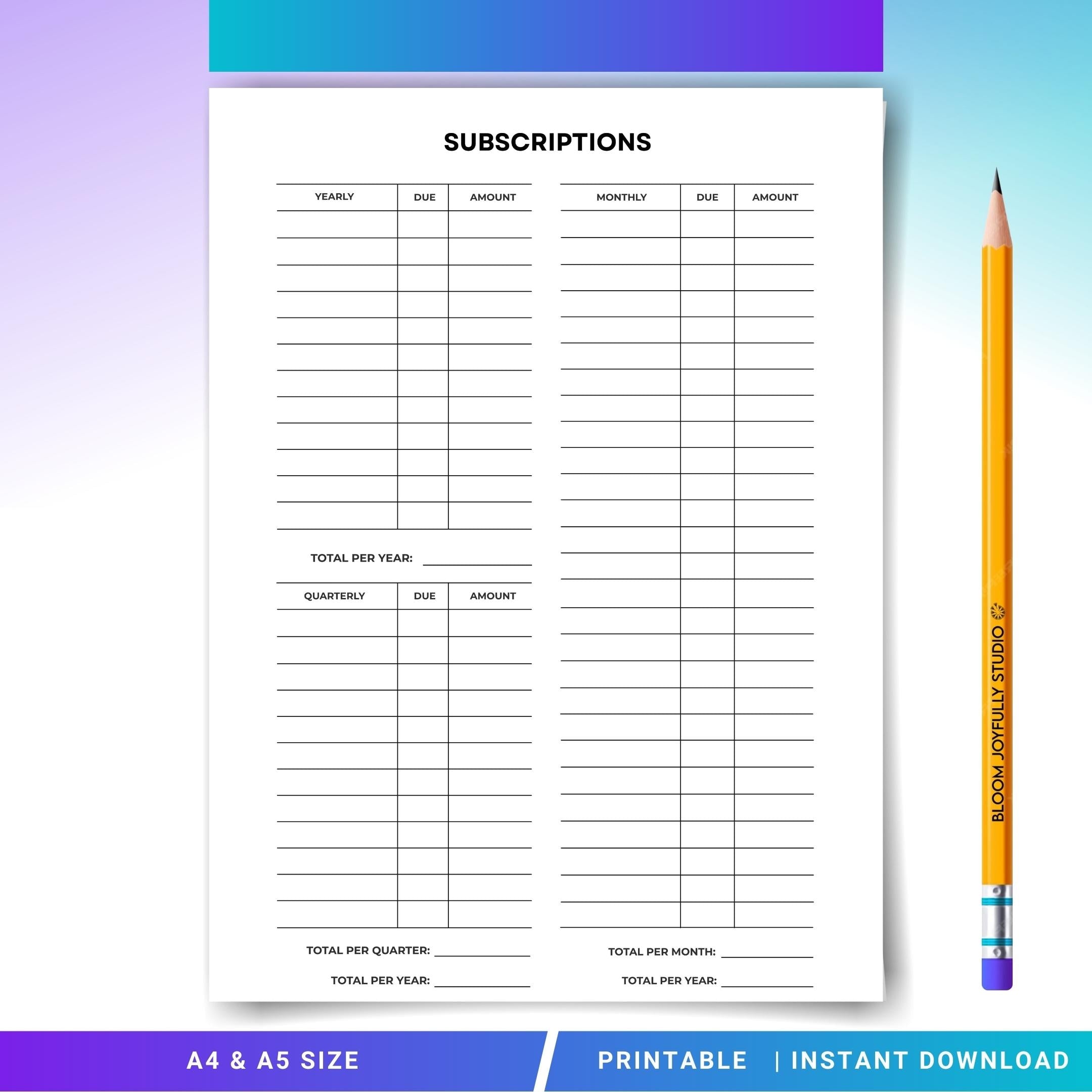 Bills Tracker — Subscription Tracker PRINTABLE, Expense Tracker, Bill Tracker, Subscription Planner, Bill P... | Bloom Joyfully printable