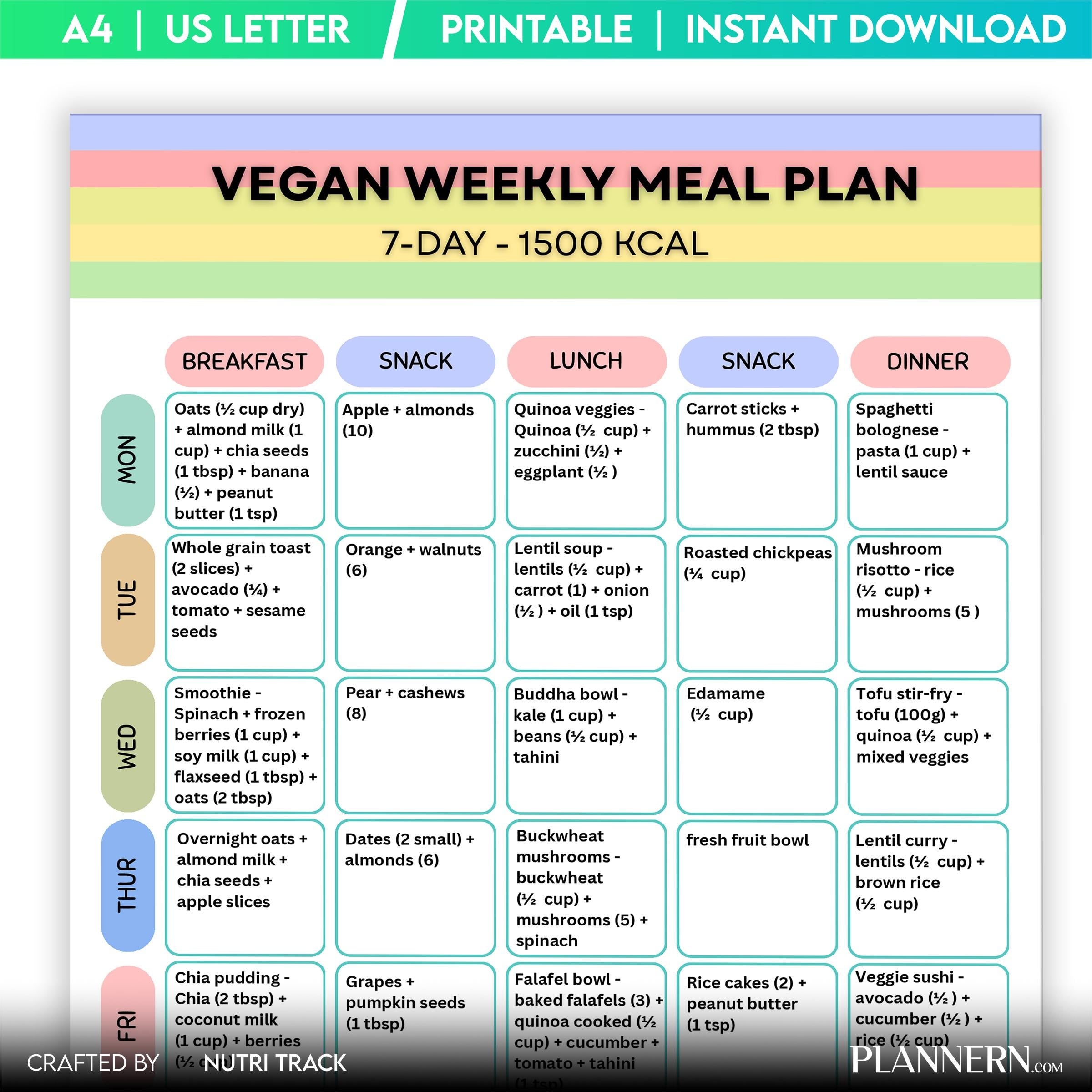 Vegan Weekly Meal Plan 1500 Calorie Printable 7 Day Vegan Meal Plan, Plant Based Diet Planner, Vegan Weight... | Nutri Track printable
