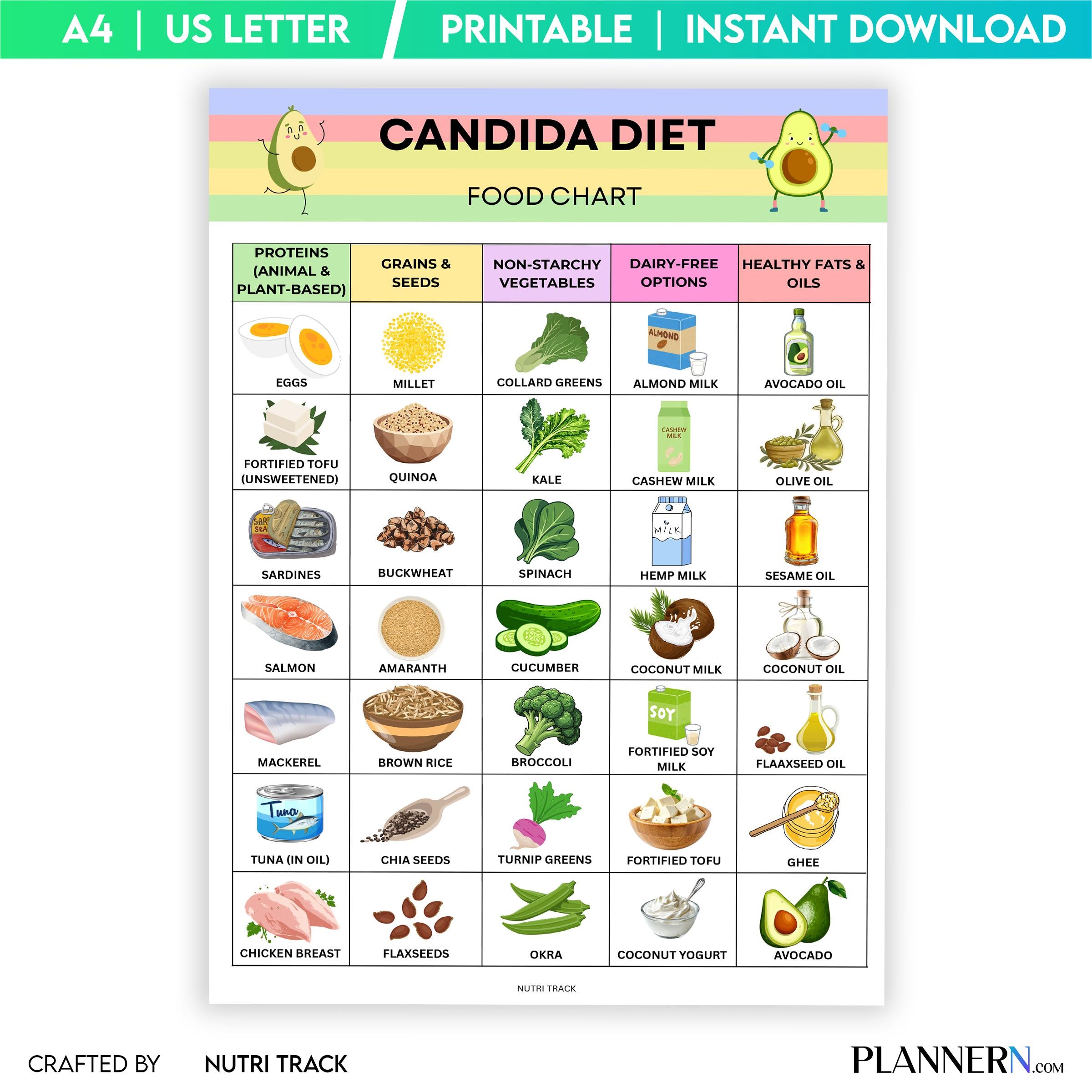 Candida Diet Food Chart Printable, Candida Friendly Foods List, Gut Health Nutrition Guide, Anti, Yeast Die... | Nutri Track printable
