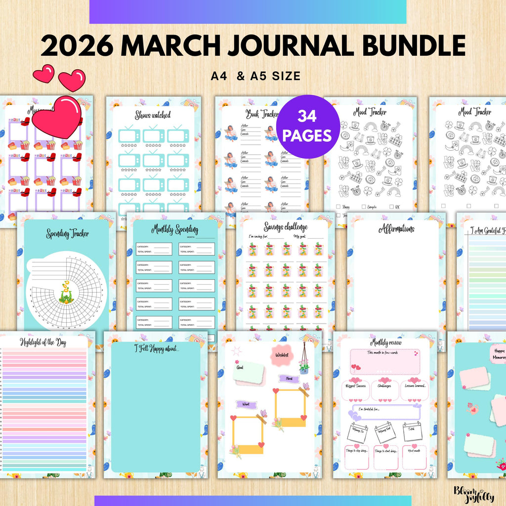 Digital Planner — MARCH Planner Bundle, Habit Tracker, Spring Planner, Mental Health, Gratitude, Mood Track... | Mindfulness printable