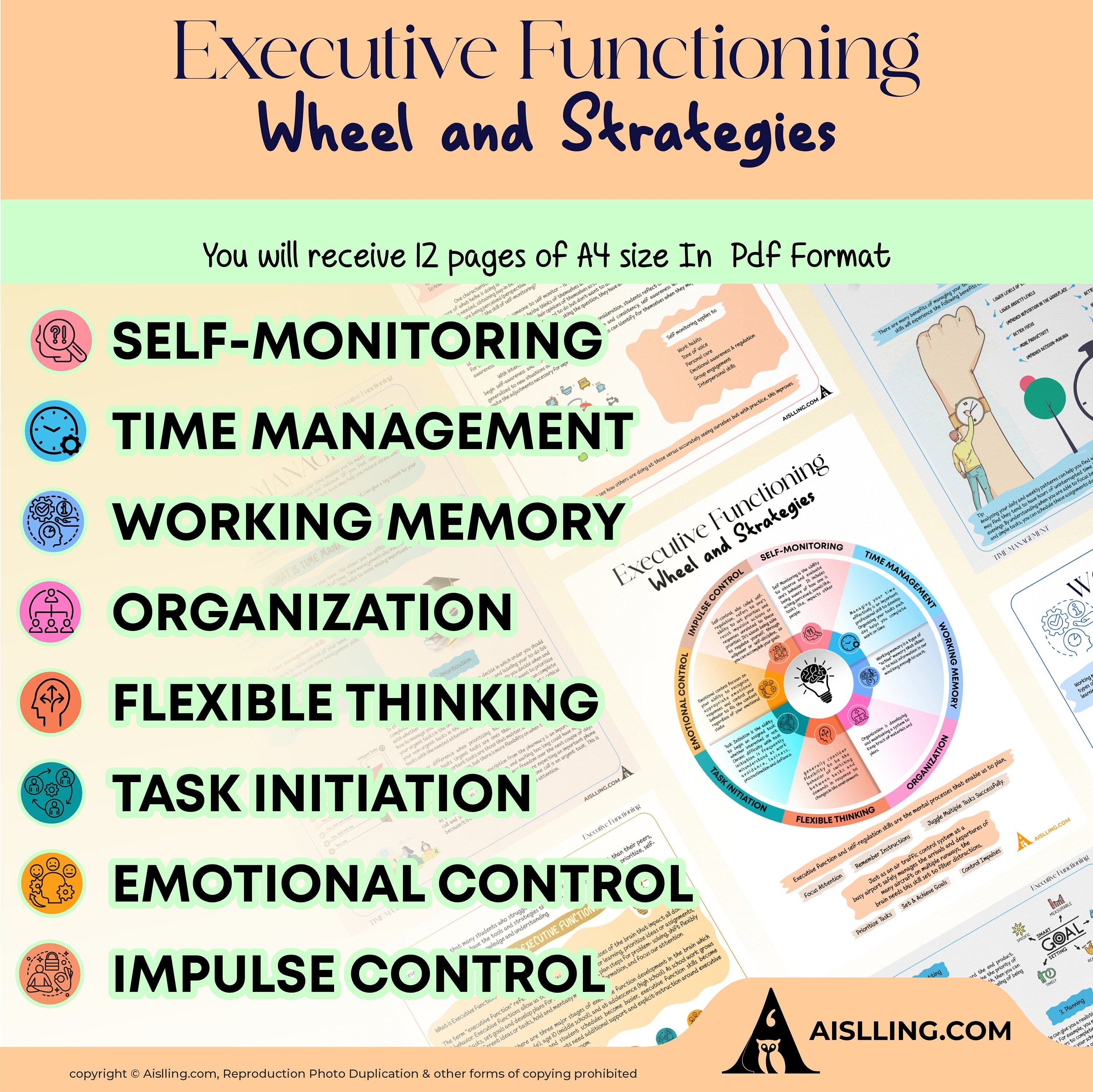 Adhd Worksheets — Executive Functioning Wheel and Strategies, ADHD, Group Therapy Handouts, Working Memory,... | Mindfulness printable