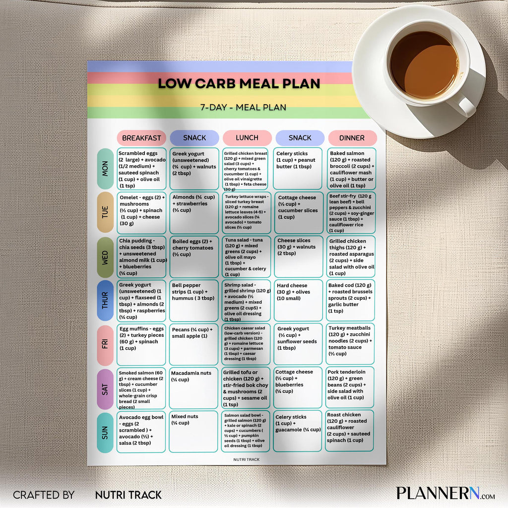 Low Carb 7 Day Meal Plan, Printable Low Carb Diet Plan, Weekly Healthy Menu, Low Carb Grocery List & weekly... | Nutri Track printable