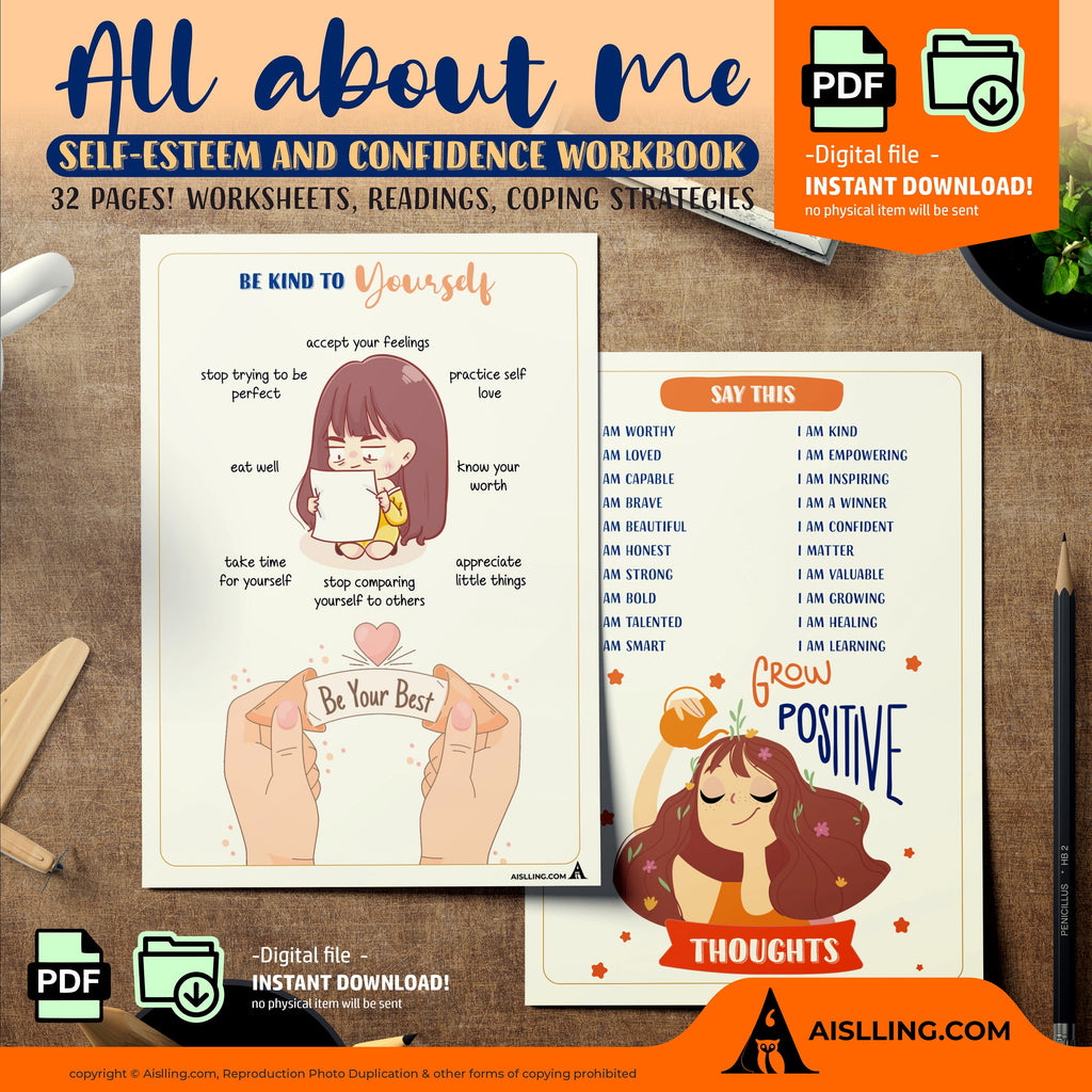 Aislling Design — Self Esteem Worksheets Printables, Confidence Mental Health Therapist Counseling, Social ... | Mindfulness printable