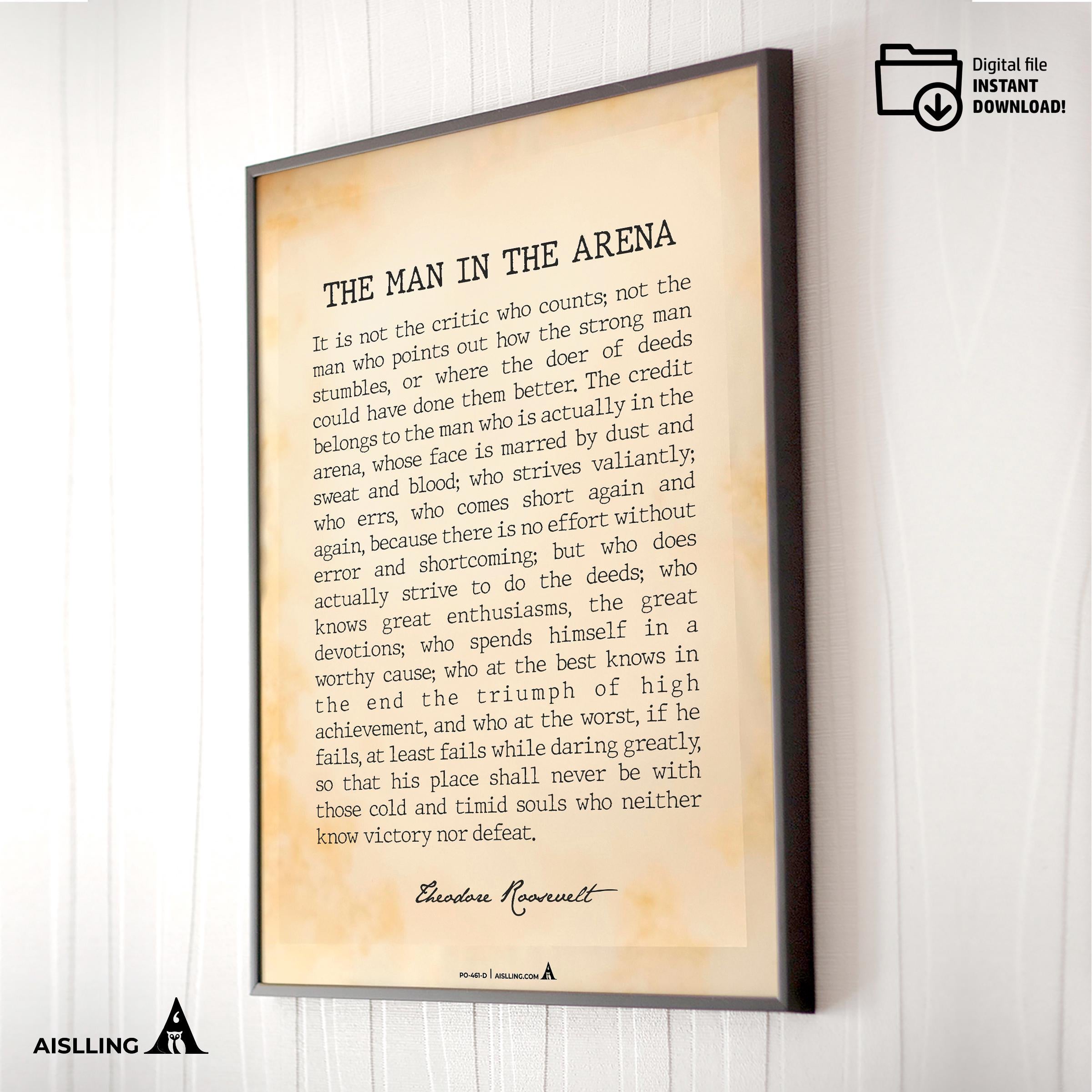 Black And White — The Man In The Arena Quote, Printable Wall Art, Theodore Roosevelt Daring Greatly Inspira... | Aislling printable