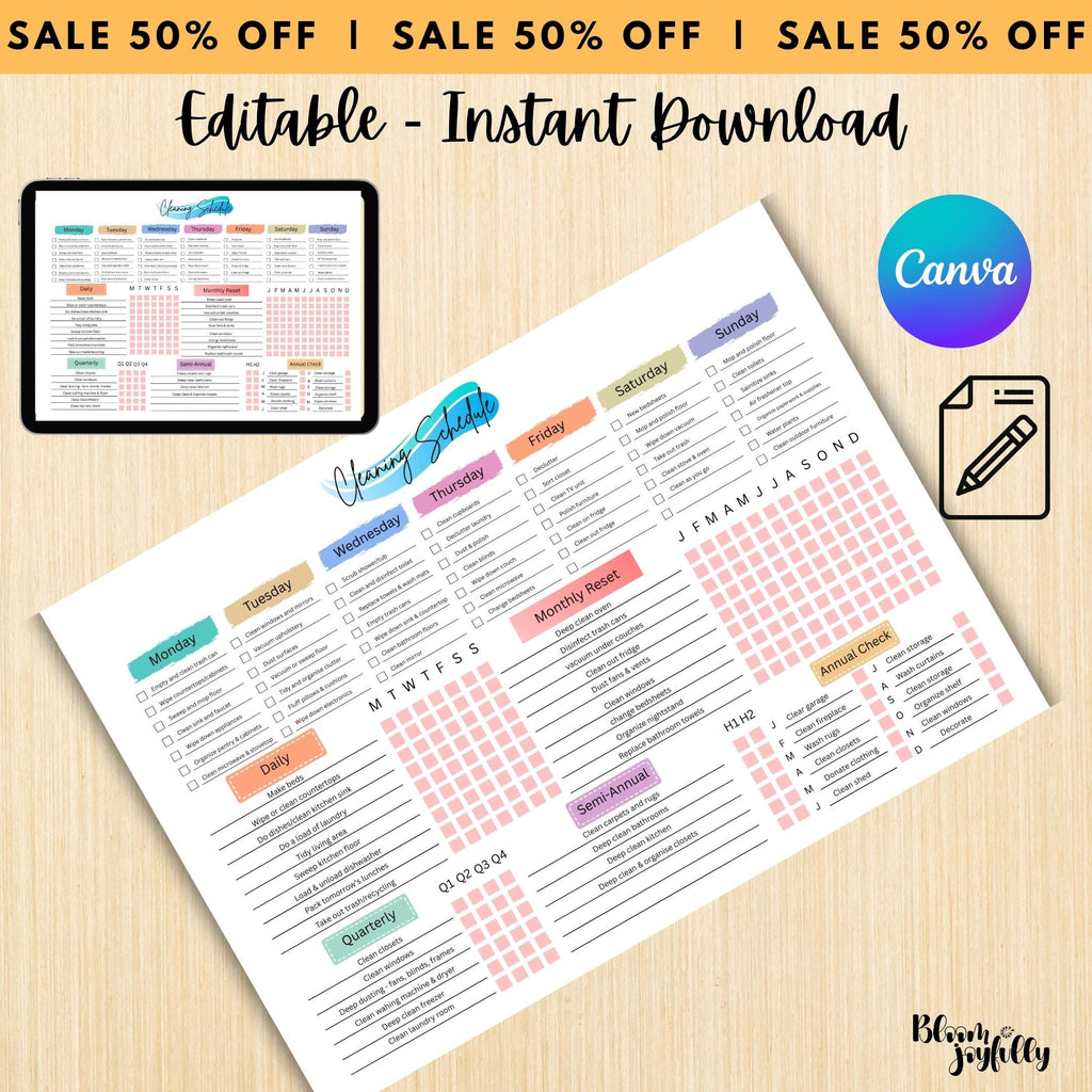 Cleaning Checklist — EDITABLE Cleaning Planner, Daily, Weekly & Monthly Checklist, Home Cleaning Planner Pr... | Bloom Joyfully printable