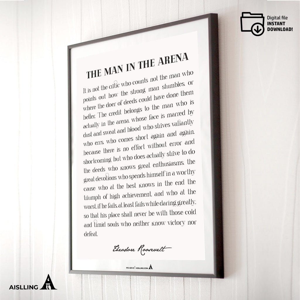 Black And White — The Man In The Arena Quote, Printable Wall Art, Theodore Roosevelt Daring Greatly Inspira... | Aislling printable