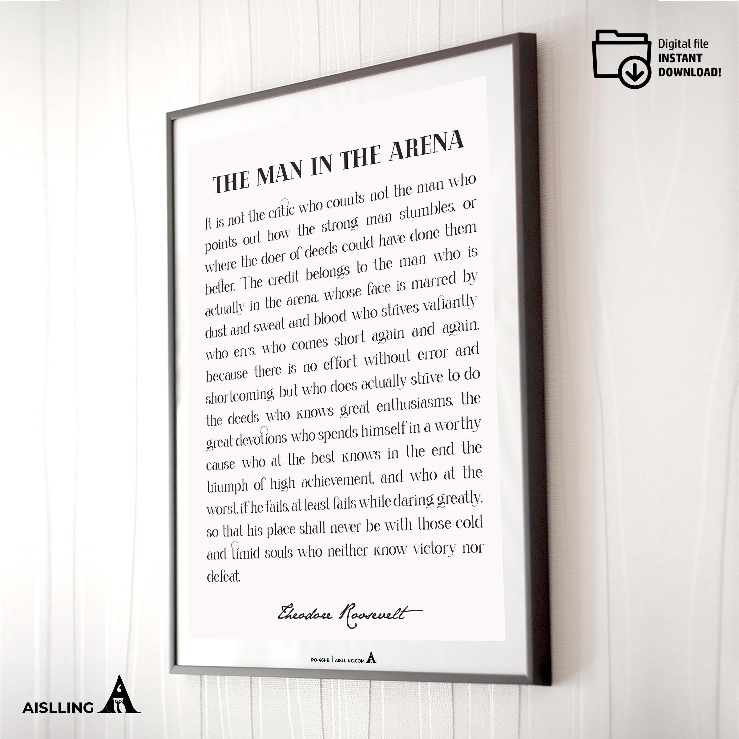 Black And White — The Man In The Arena Quote, Printable Wall Art, Theodore Roosevelt Daring Greatly Inspira... | Aislling printable