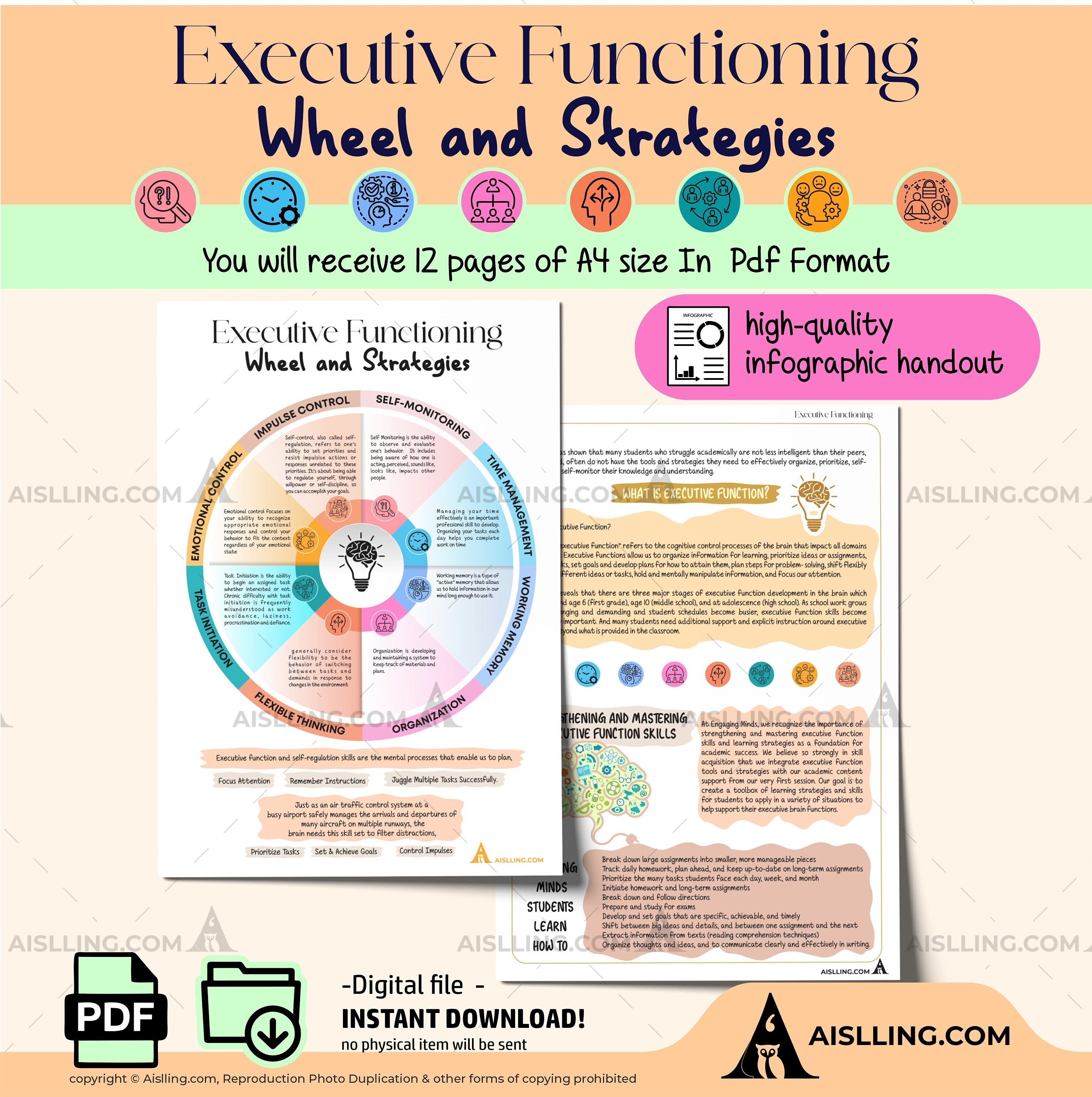 Adhd Worksheets — Executive Functioning Wheel and Strategies, ADHD, Group Therapy Handouts, Working Memory,... | Mindfulness printable