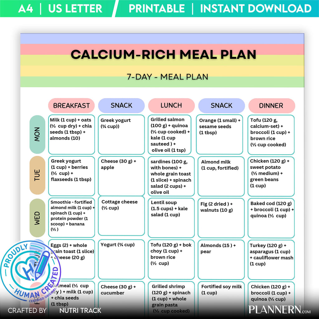 Calcium Rich 7 Day Meal Plan, Bone Health Diet Plan, Printable Weekly Menu, Healthy Eating PDF, Calcium Ric... | Nutri Track printable