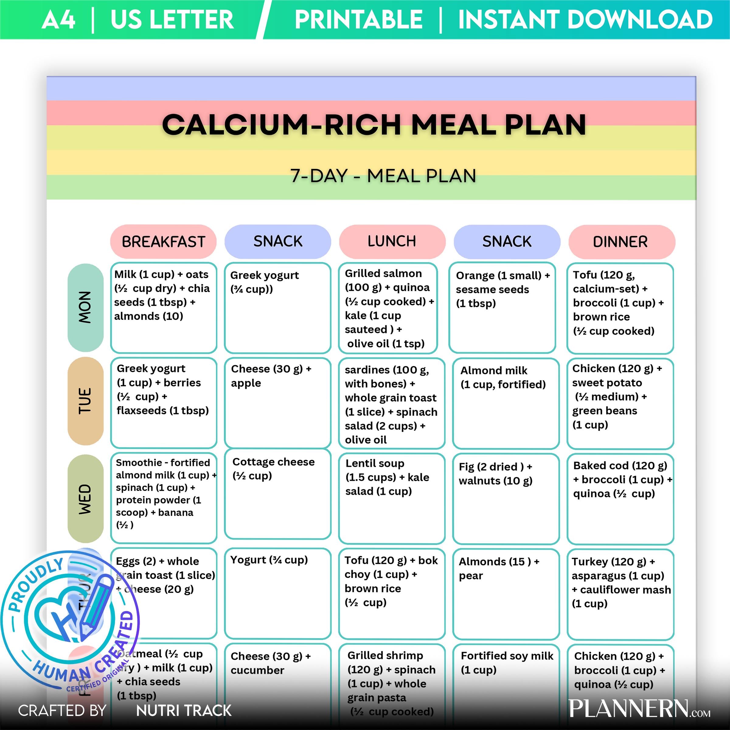 Calcium Rich 7 Day Meal Plan, Bone Health Diet Plan, Printable Weekly Menu, Healthy Eating PDF, Calcium Ric... | Nutri Track printable